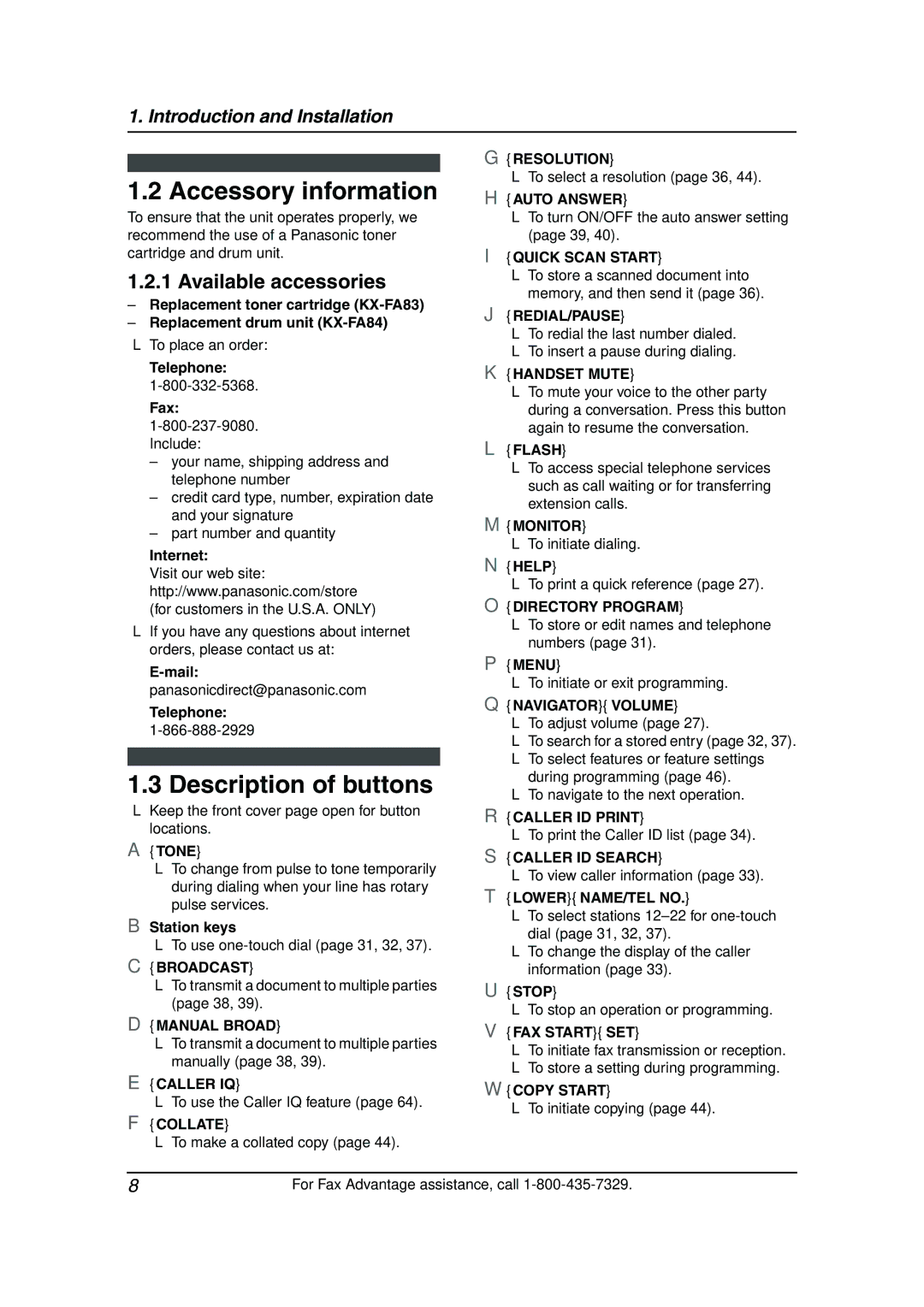 Panasonic KX-FL511 manual Accessory information, Description of buttons, Available accessories 