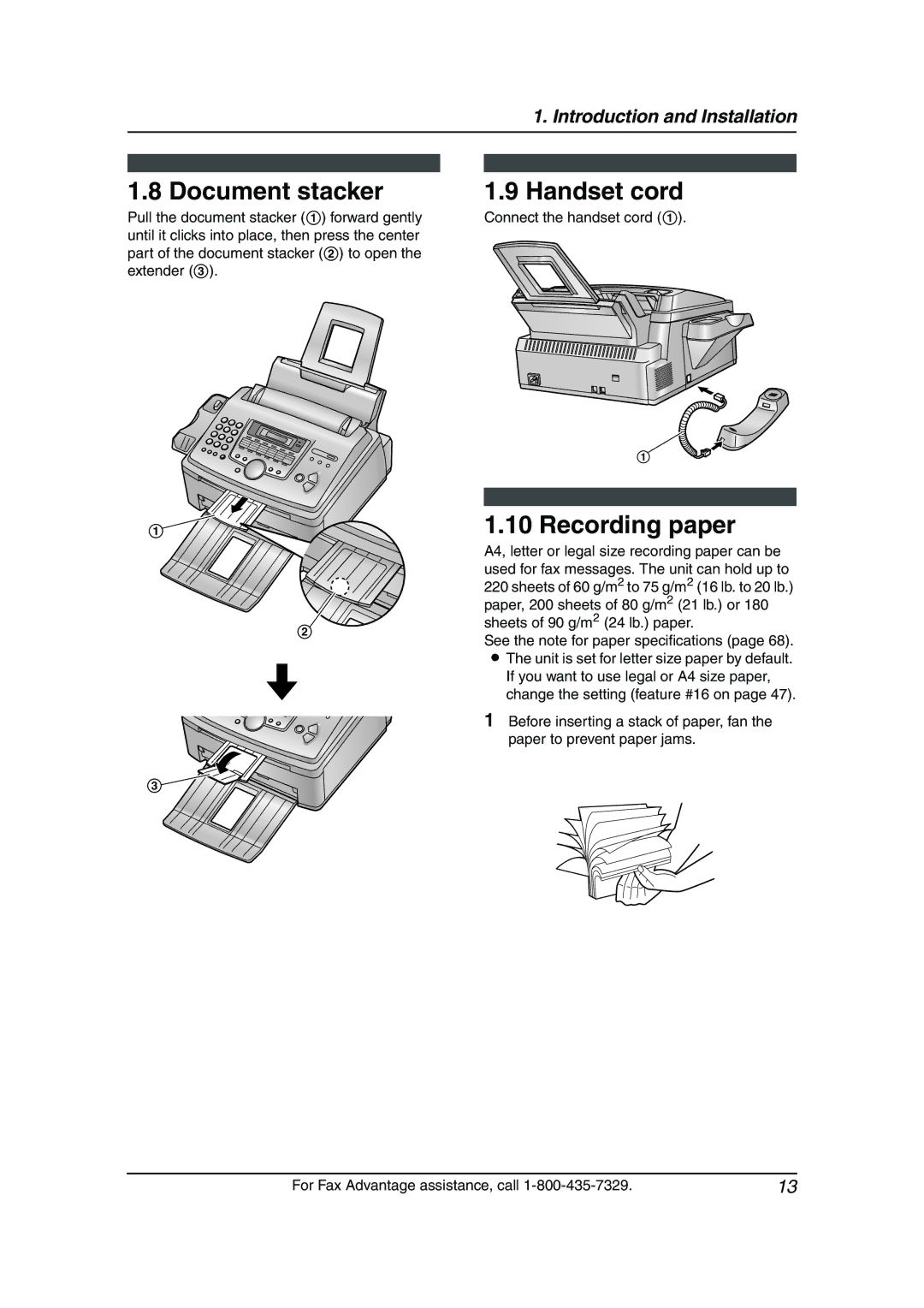 Panasonic KX-FL511 manual Document stacker Handset cord, Recording paper 