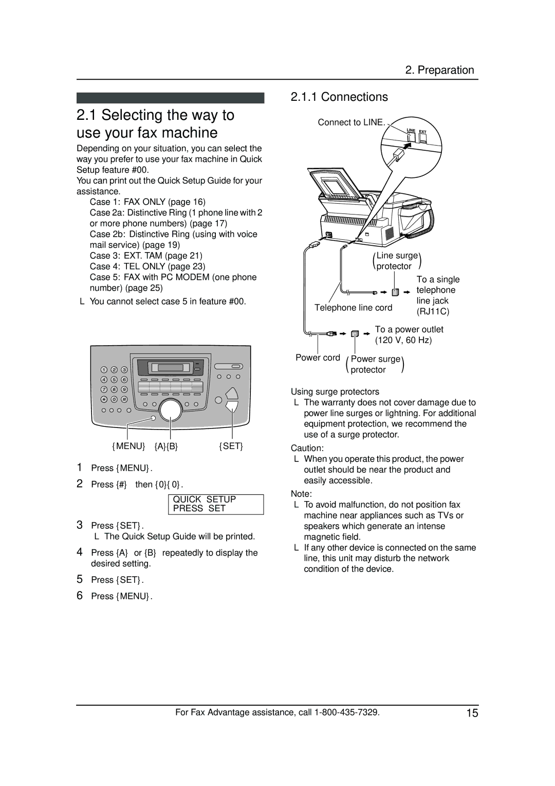 Panasonic KX-FL511 manual Selecting the way to use your fax machine, Connections, Set, Using surge protectors 