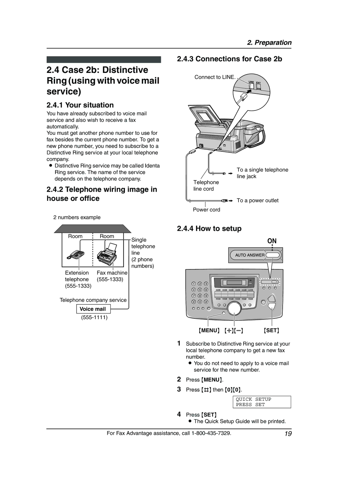 Panasonic KX-FL511 manual Case 2b Distinctive Ring using with voice mail service, Connections for Case 2b, Voice mail 