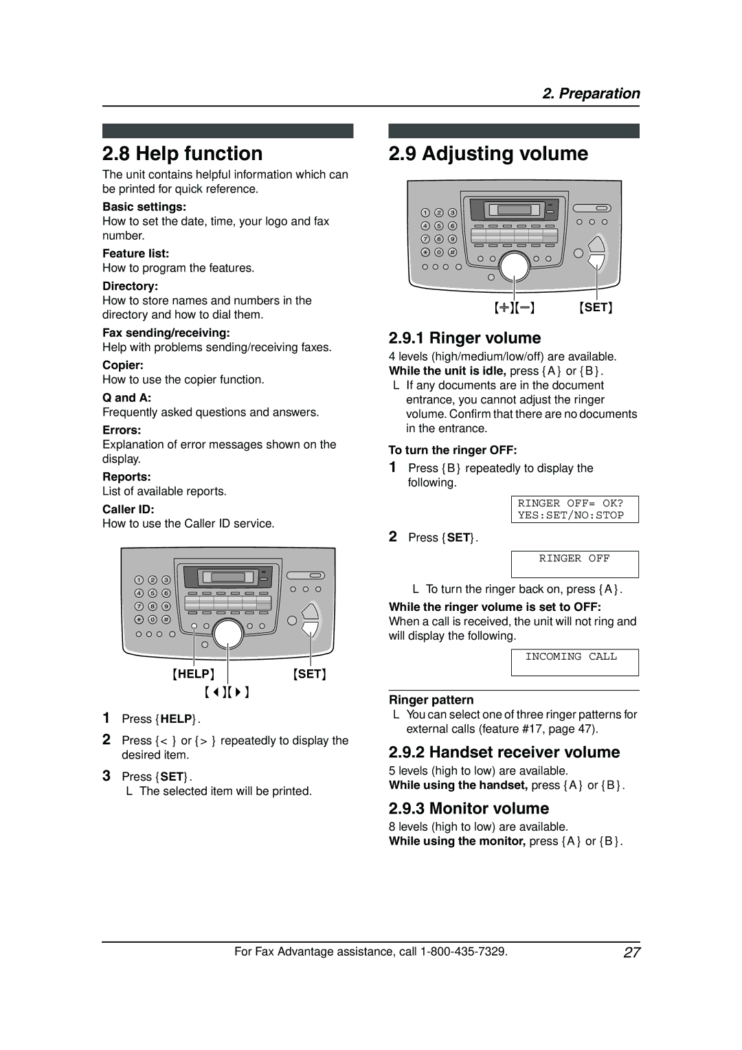 Panasonic KX-FL511 manual Help function, Adjusting volume, Ringer volume, Handset receiver volume, Monitor volume 