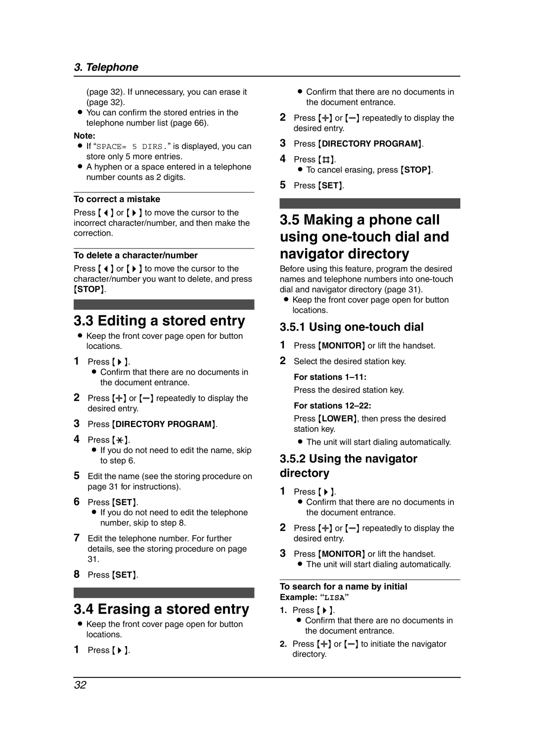 Panasonic KX-FL511 Editing a stored entry, Erasing a stored entry, Using one-touch dial, Using the navigator directory 