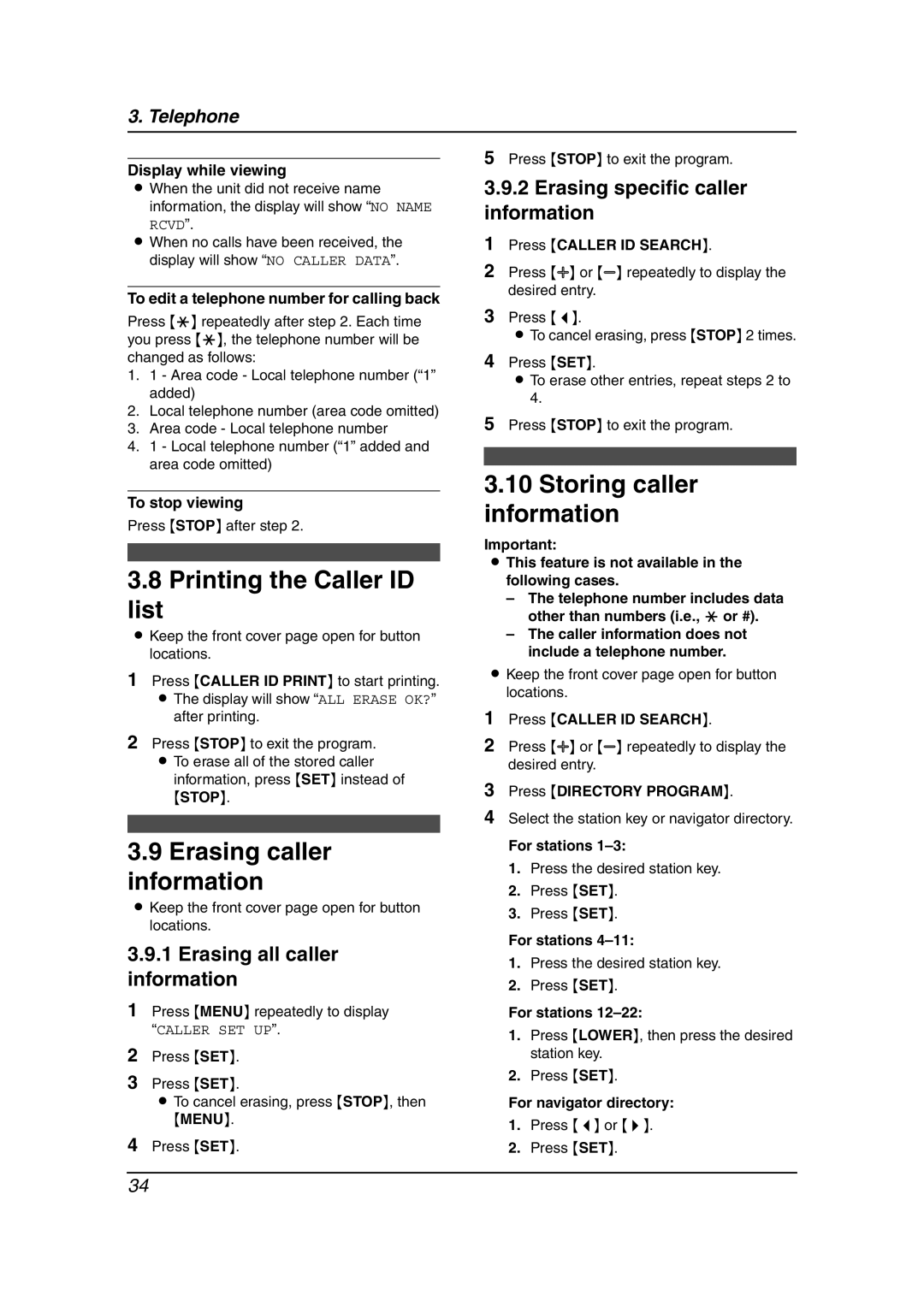 Panasonic KX-FL511 manual Printing the Caller ID List, Erasing caller information, Storing caller information 