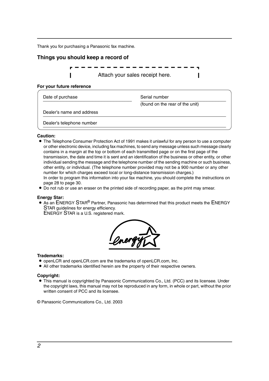 Panasonic KX-FL511 manual For your future Reference, Energy Star, Trademarks, Copyright 