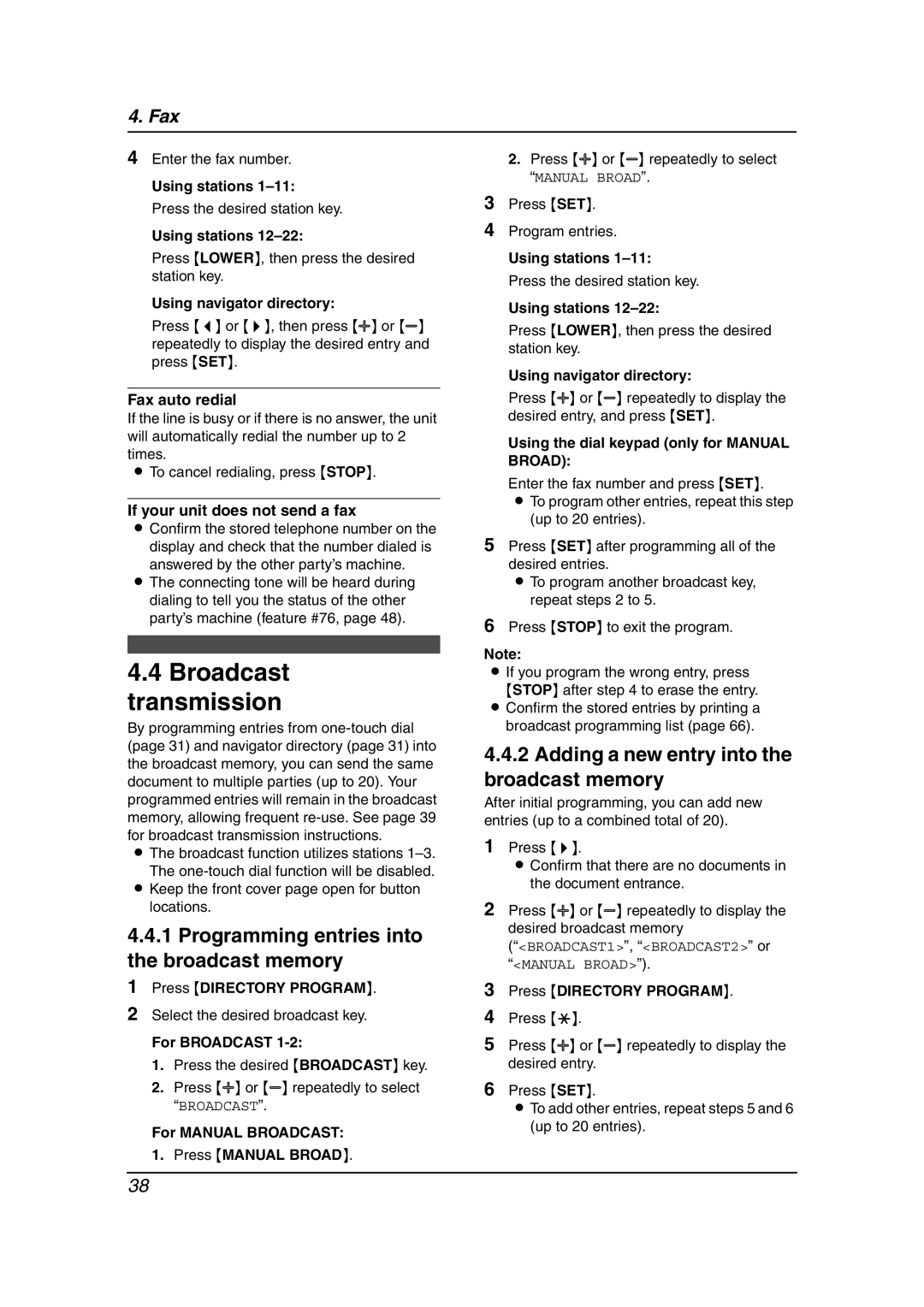 Panasonic KX-FL511 manual Broadcast transmission, Programming entries into the broadcast memory 