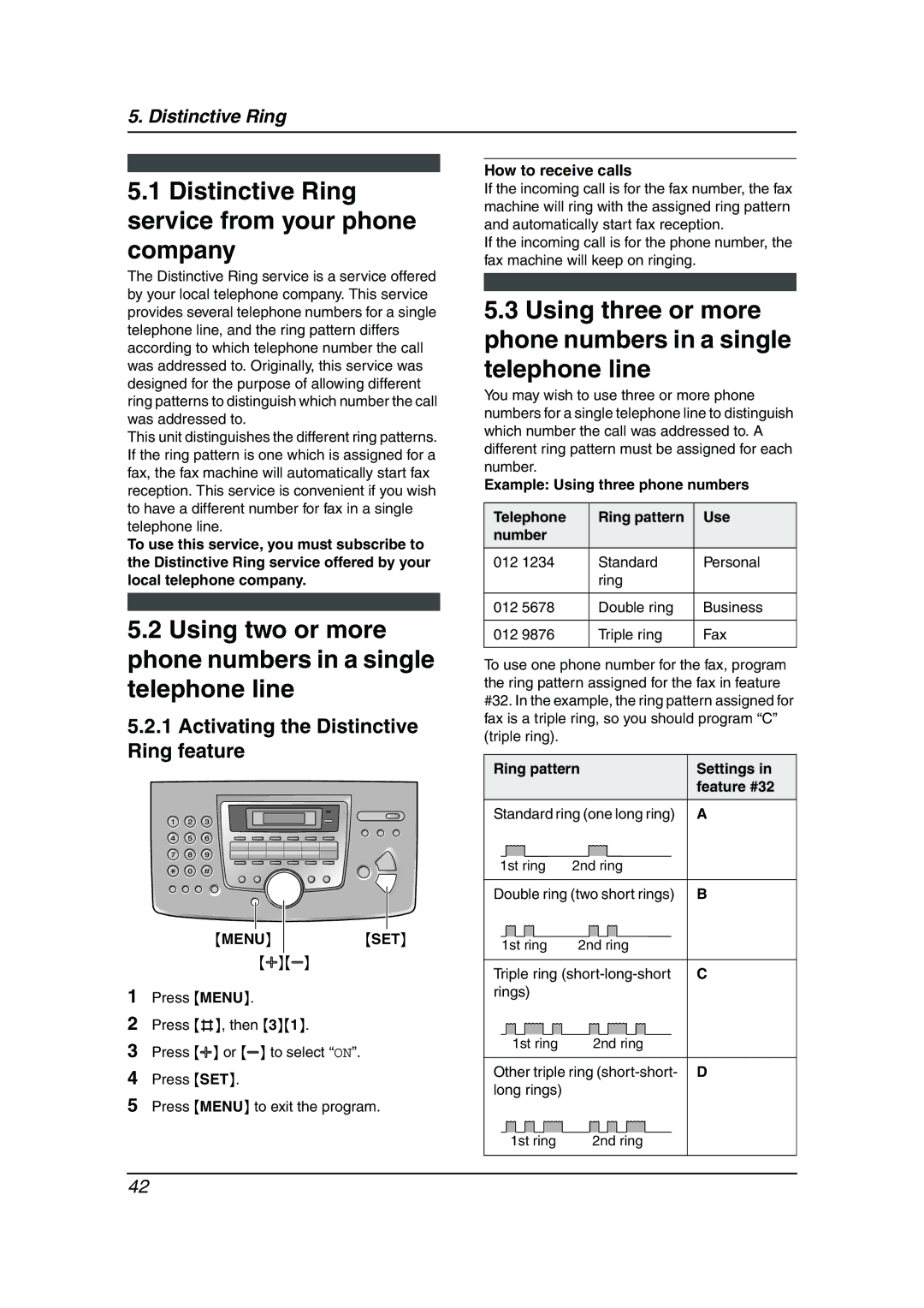 Panasonic KX-FL511 manual Distinctive Ring service from your phone company, Activating the Distinctive Ring feature 