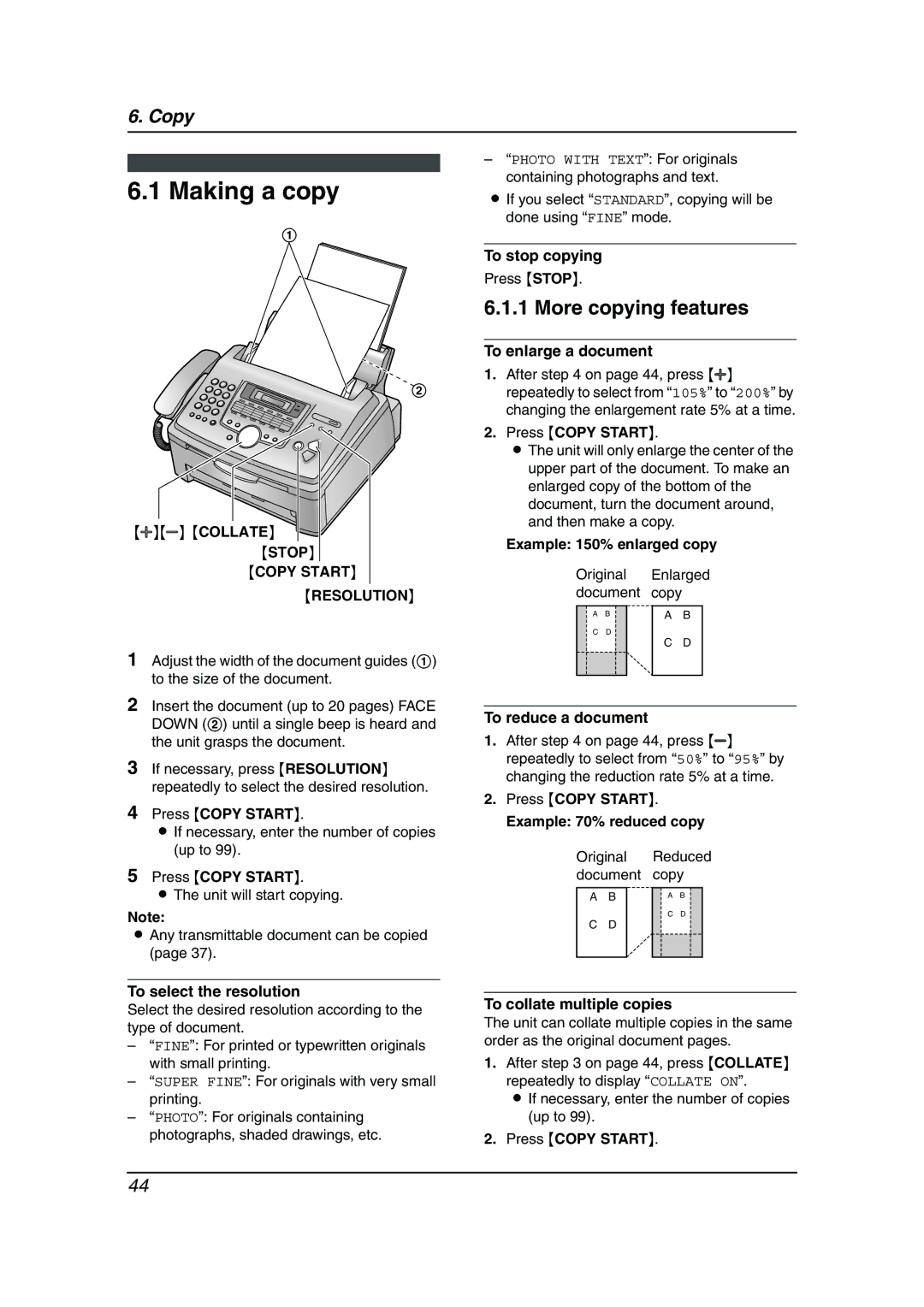 Panasonic KX-FL511 manual Making a copy, More copying features, Copy Start Resolution 