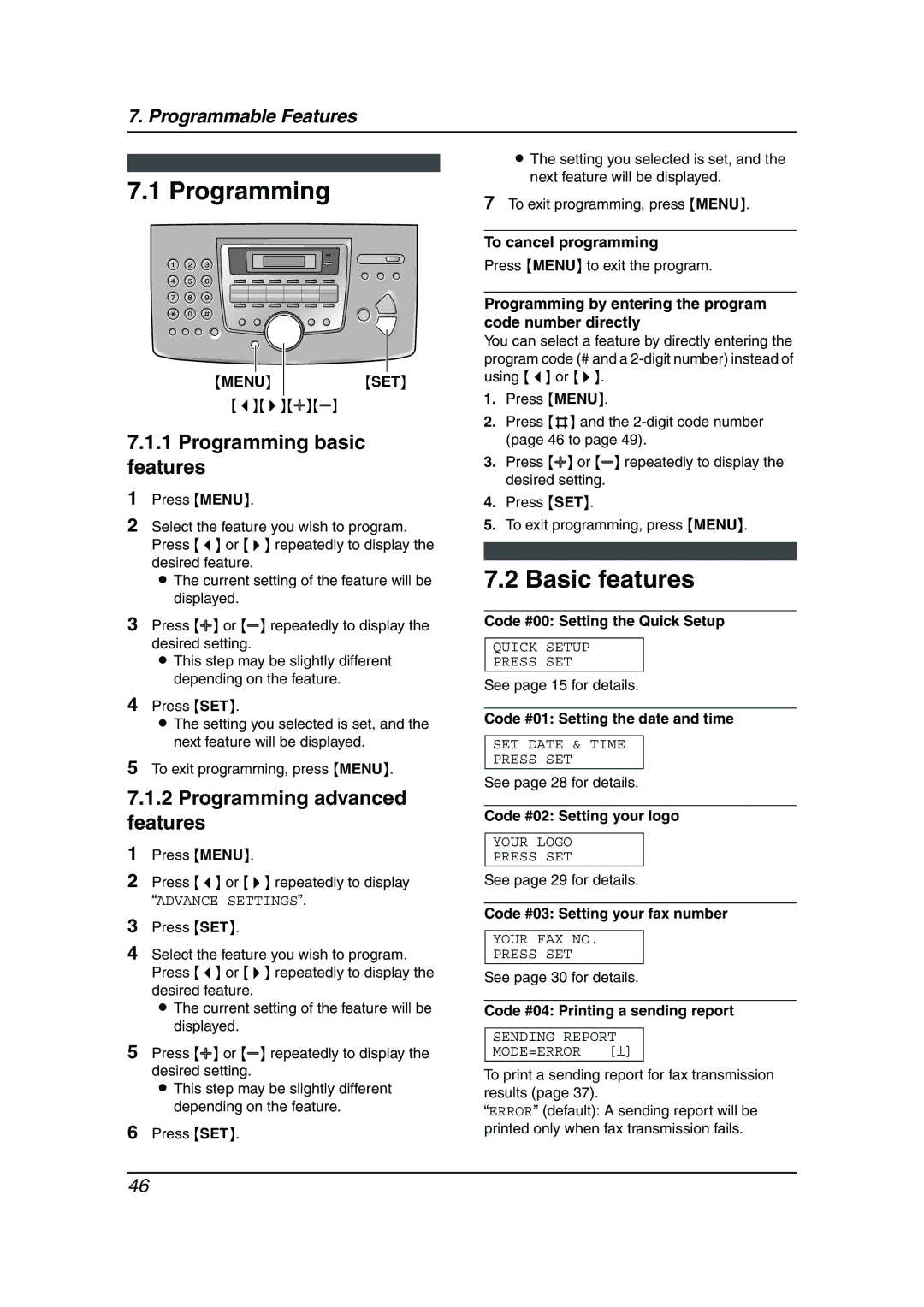 Panasonic KX-FL511 manual Basic features, Programming basic features, Programming advanced features 