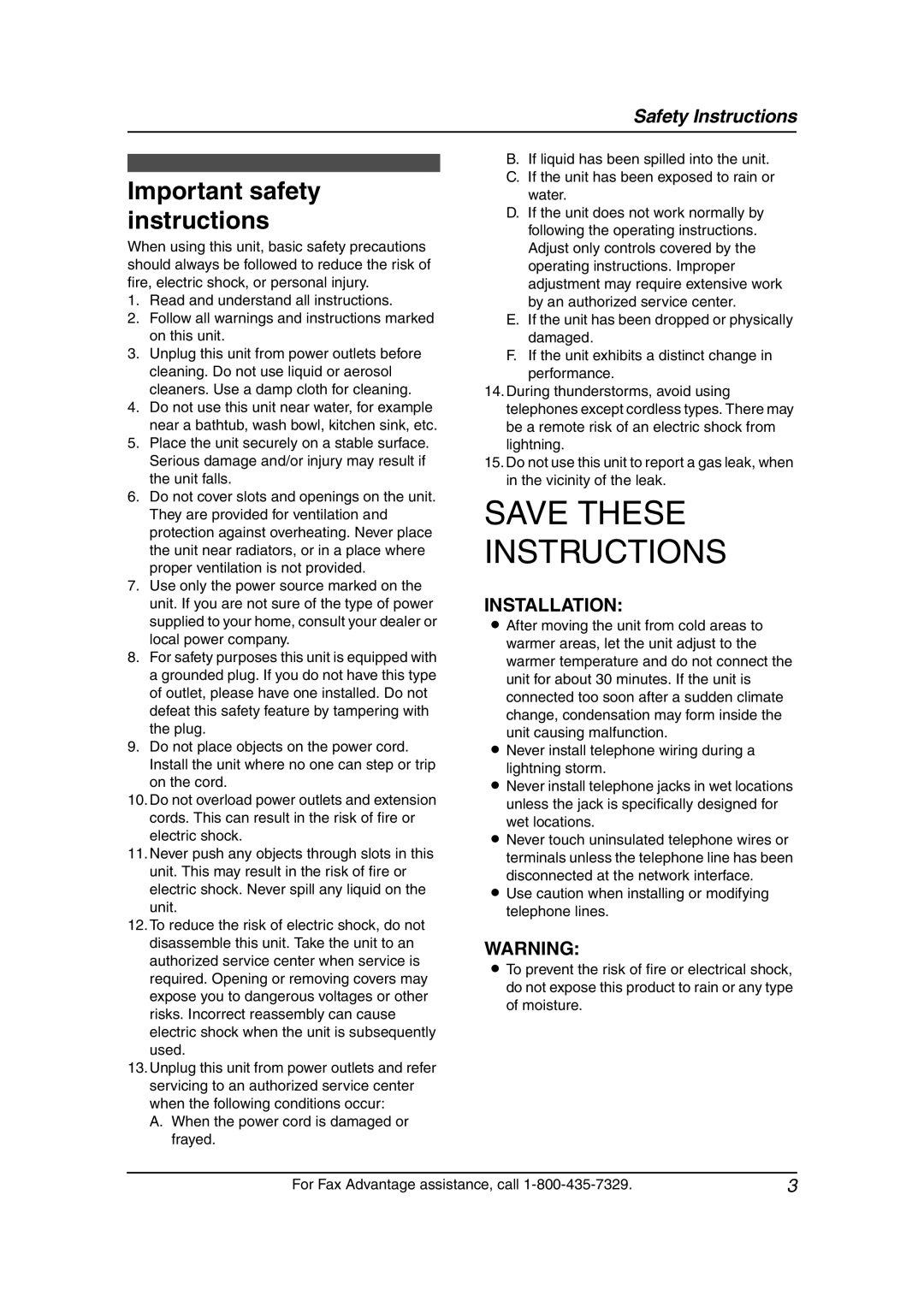 Panasonic KX-FL511 manual Important safety instructions, Installation 