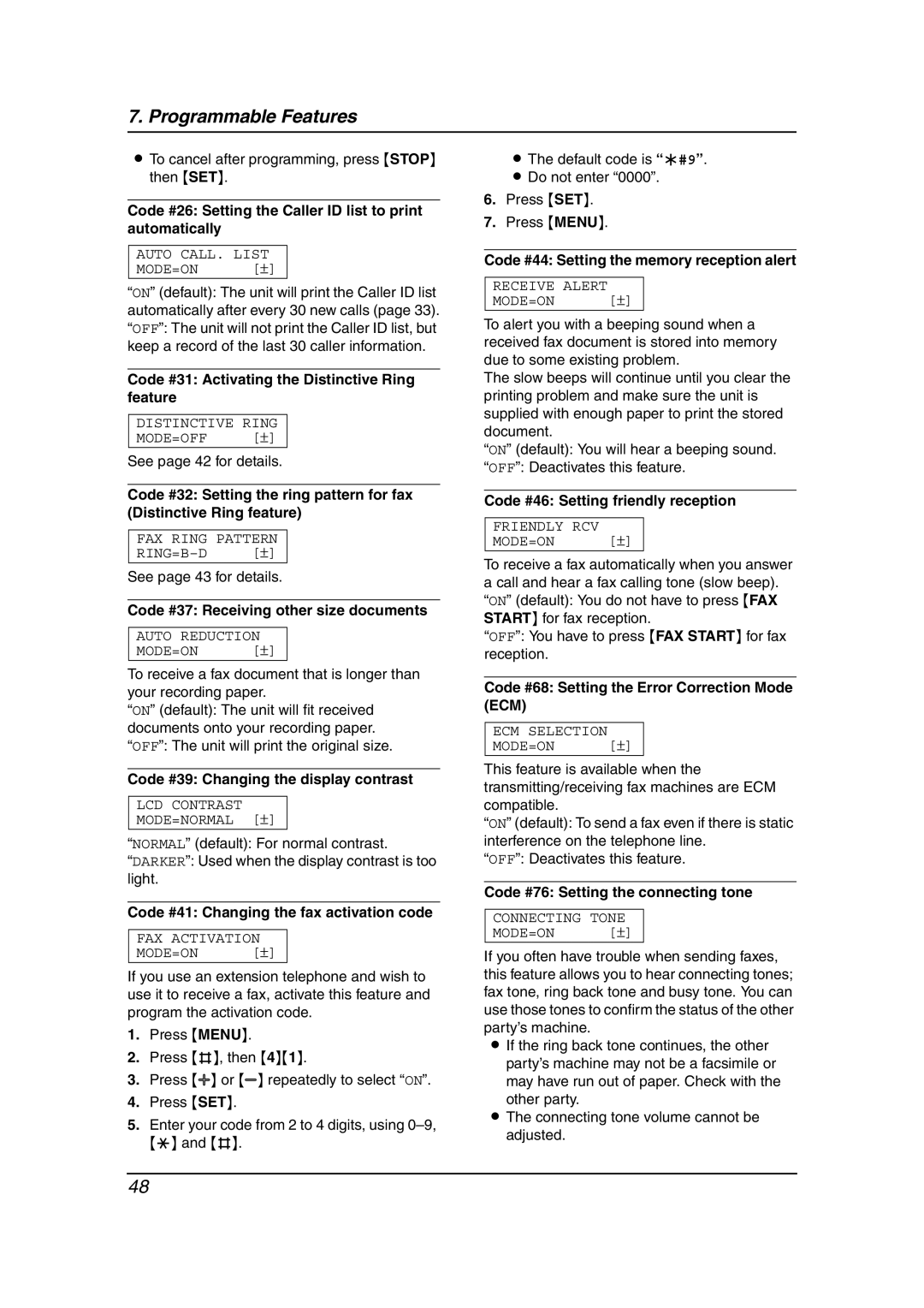 Panasonic KX-FL511 Code #26 Setting the Caller ID list to print automatically, Code #37 Receiving other size documents 