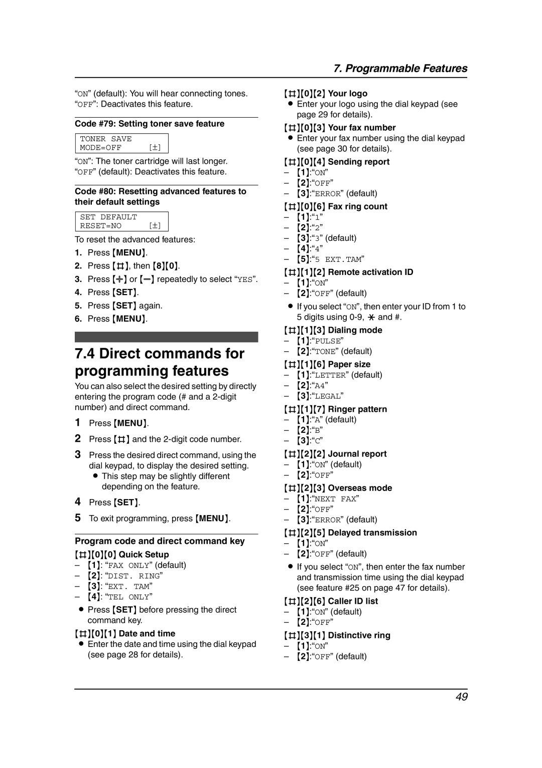 Panasonic KX-FL511 manual Direct commands for programming features 