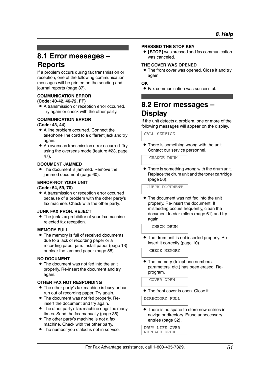 Panasonic KX-FL511 manual Error messages Reports, Error messages Display 