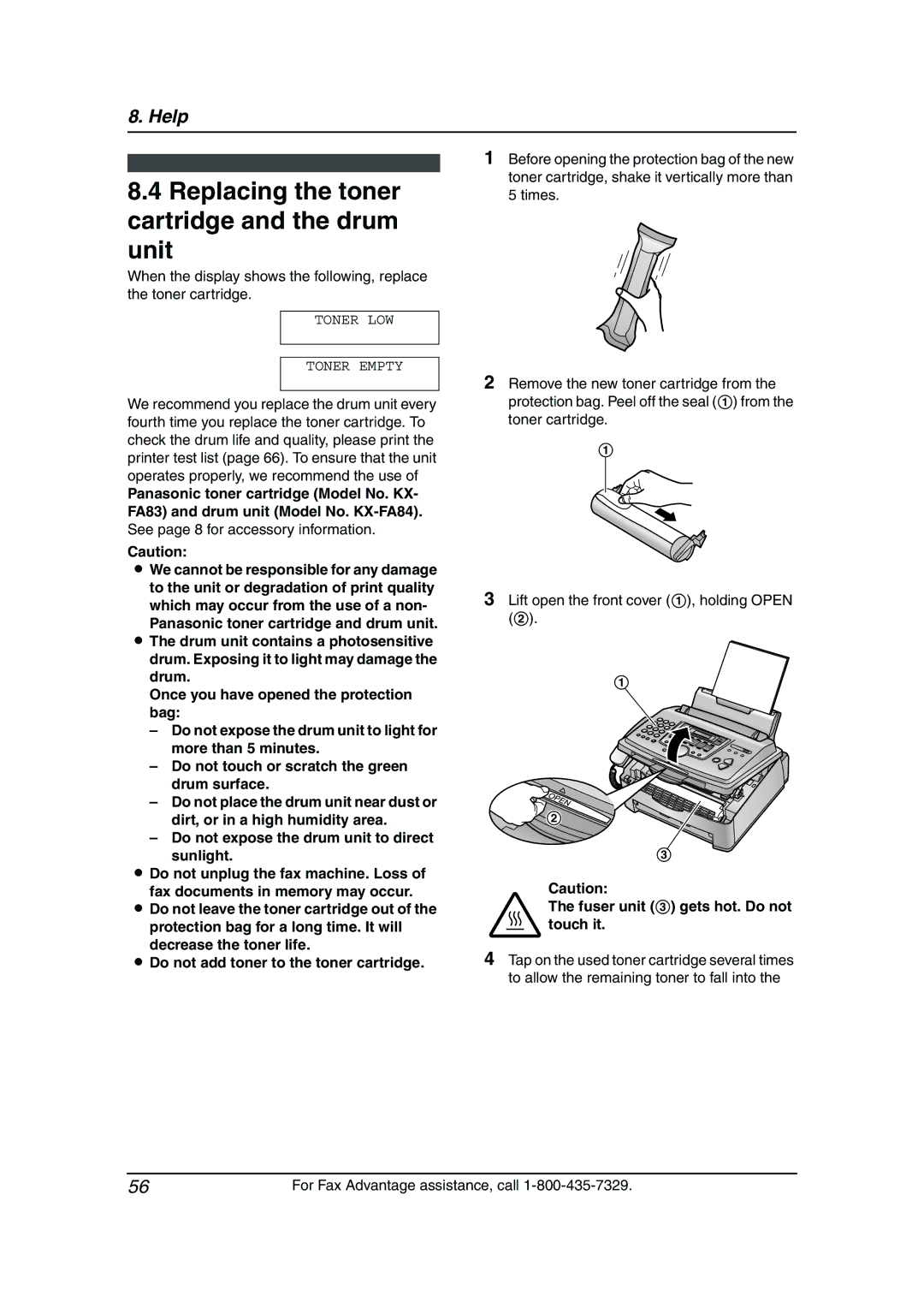 Panasonic KX-FL511 manual Replacing the toner cartridge and the drum unit, Fuser unit 3 gets hot. Do not touch it 