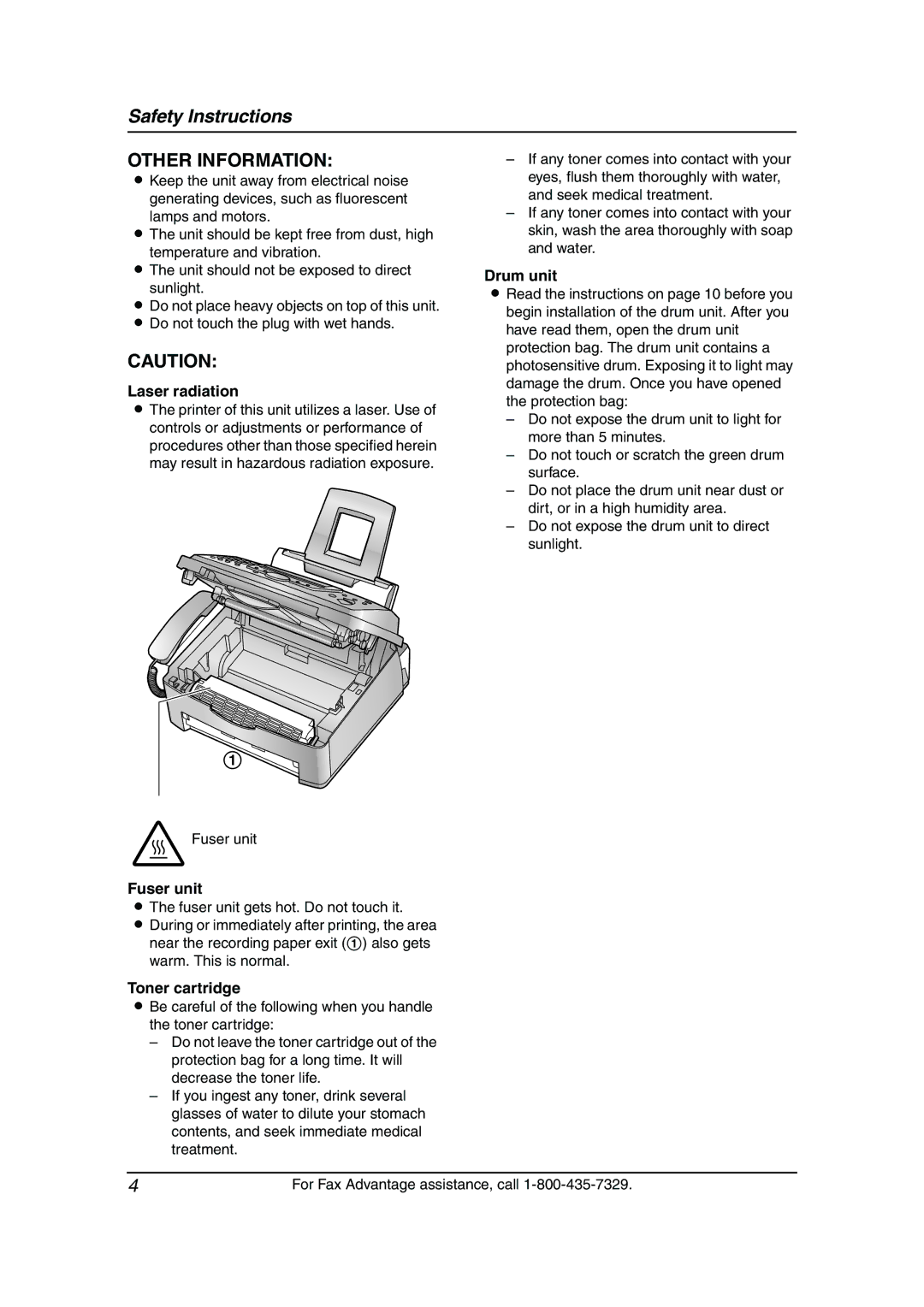 Panasonic KX-FL511 manual Laser radiation, Drum unit, Fuser unit, Toner cartridge 