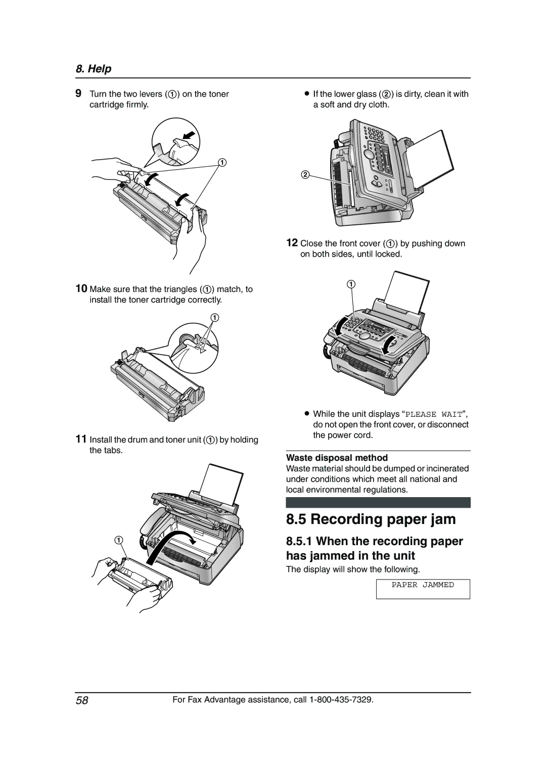 Panasonic KX-FL511 manual Recording paper jam, When the recording paper has jammed in the unit, Waste disposal method 