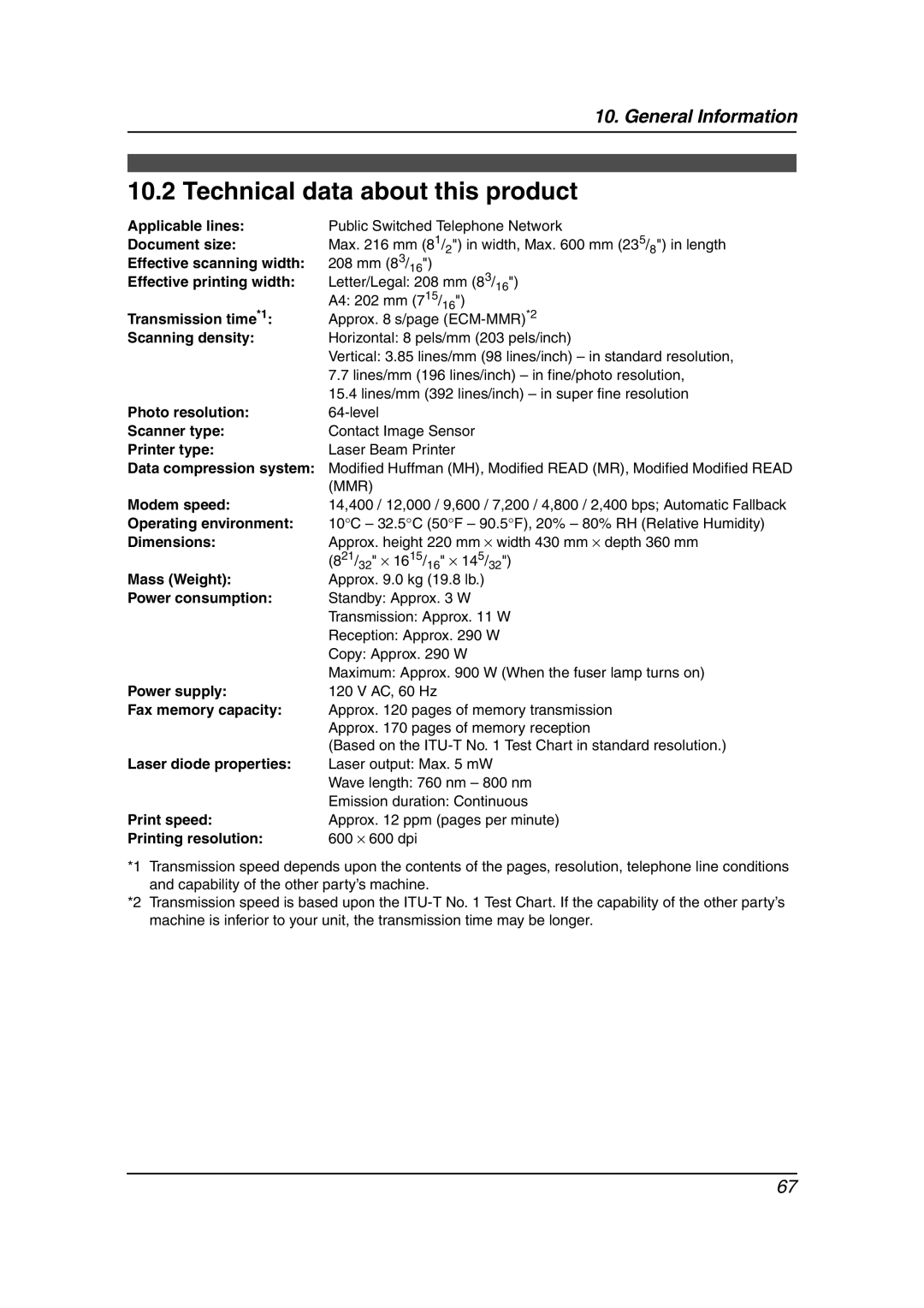 Panasonic KX-FL511 manual Technical data about this product 