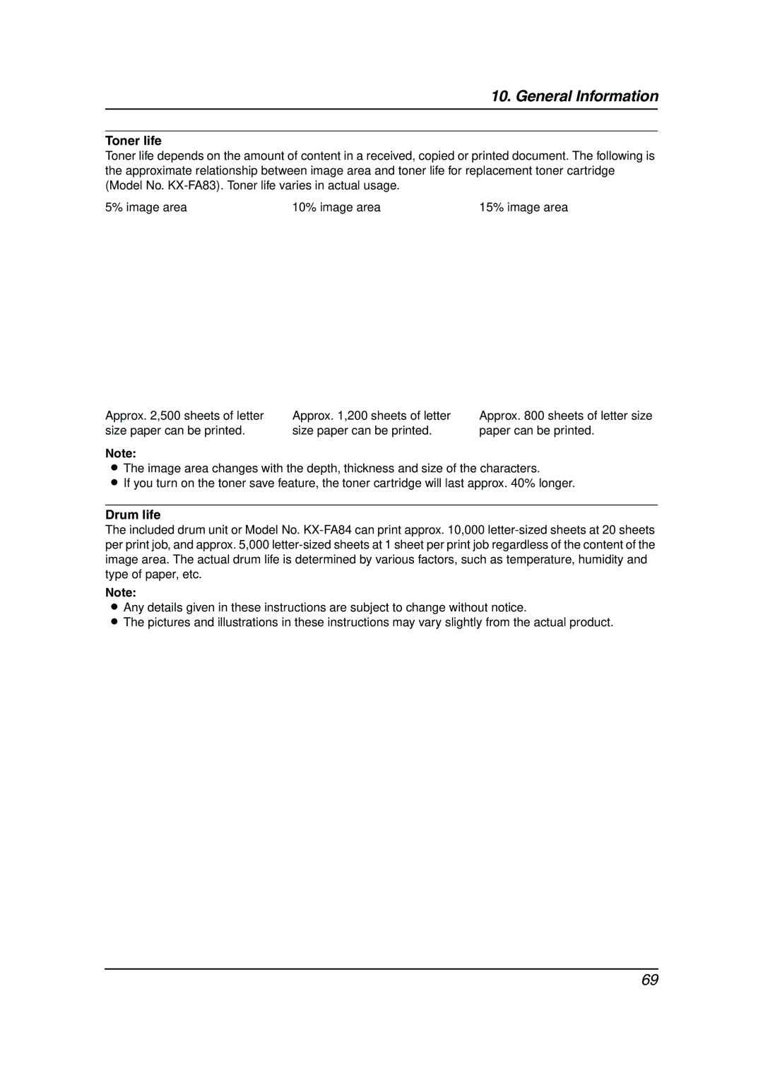 Panasonic KX-FL511 manual Toner life, Drum life 