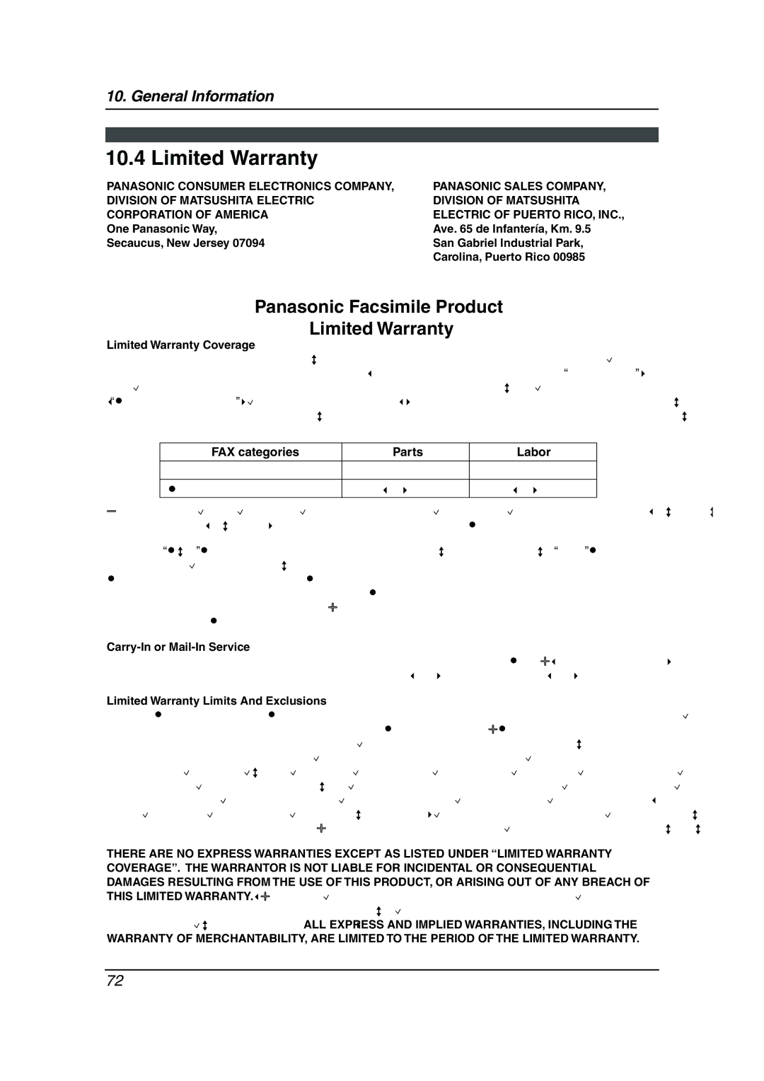 Panasonic KX-FL511 manual Limited Warranty, FAX categories Parts Labor 