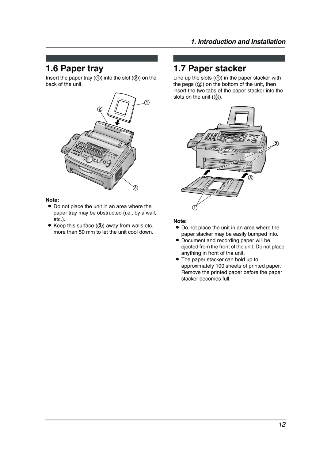 Panasonic KX-FL511AL manual Paper tray, Paper stacker, Introduction and Installation 