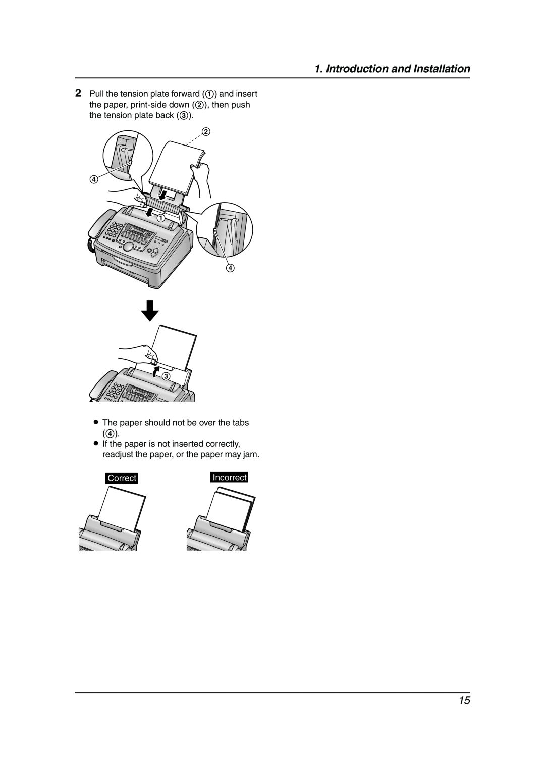 Panasonic KX-FL511AL manual Introduction and Installation, L The paper should not be over the tabs, Correct, Incorrect 