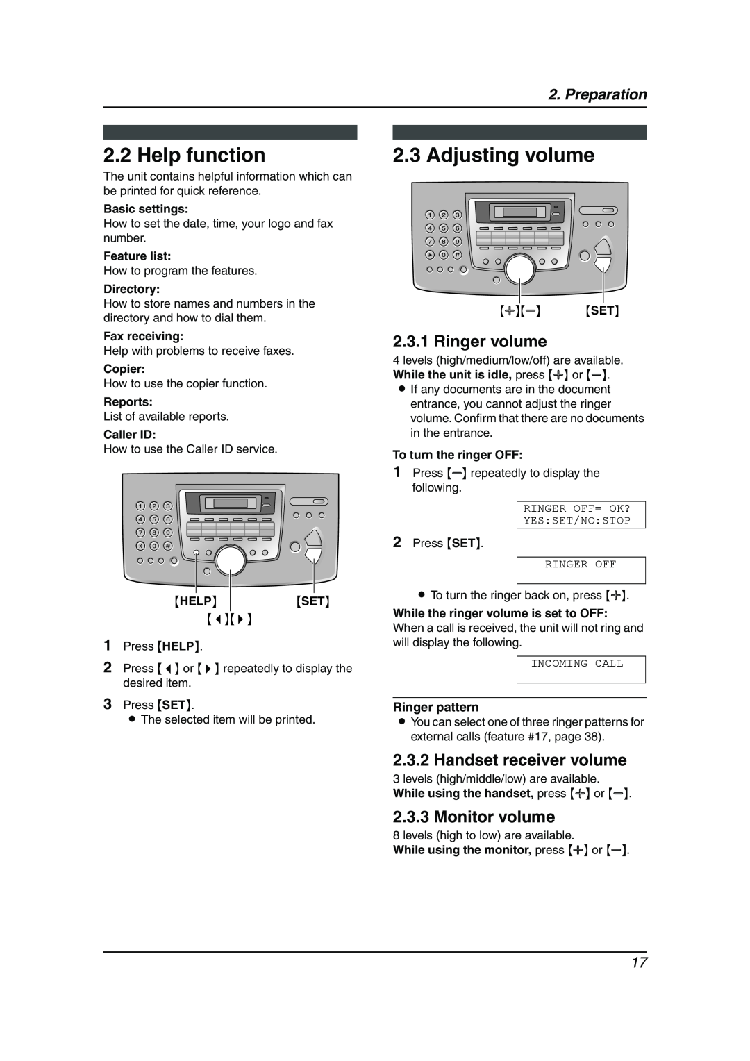 Panasonic KX-FL511AL Help function, Adjusting volume, Ringer volume, Handset receiver volume, Monitor volume, Preparation 