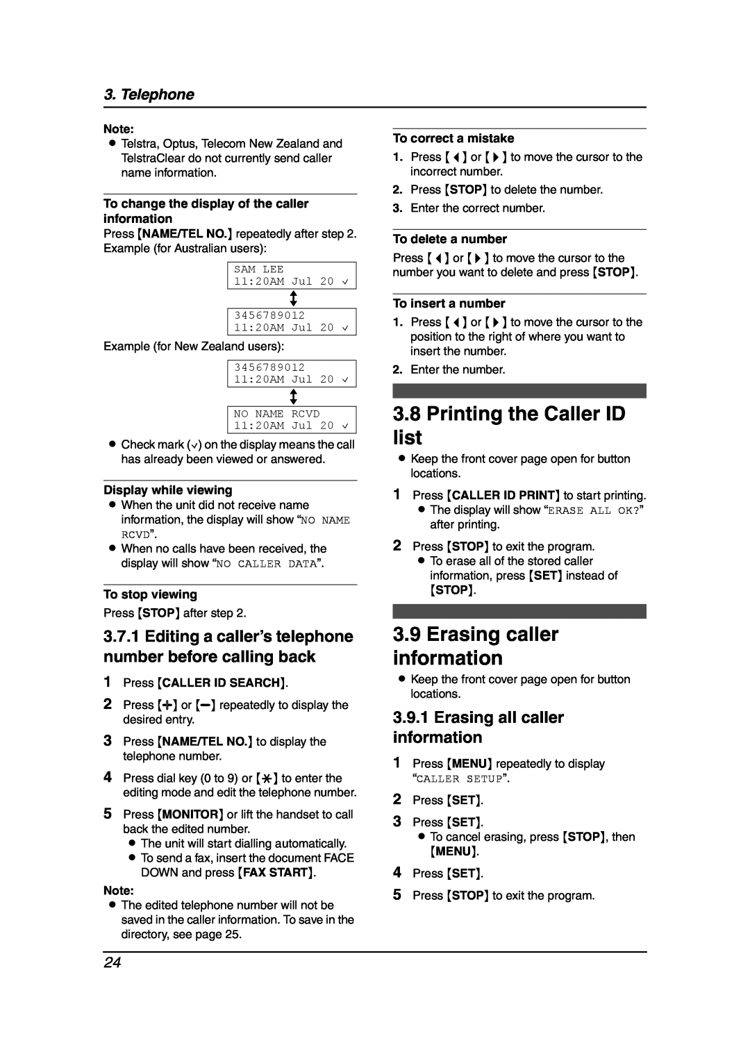 Panasonic KX-FL511AL Printing the Caller ID list, Erasing caller information, Erasing all caller information, Telephone 