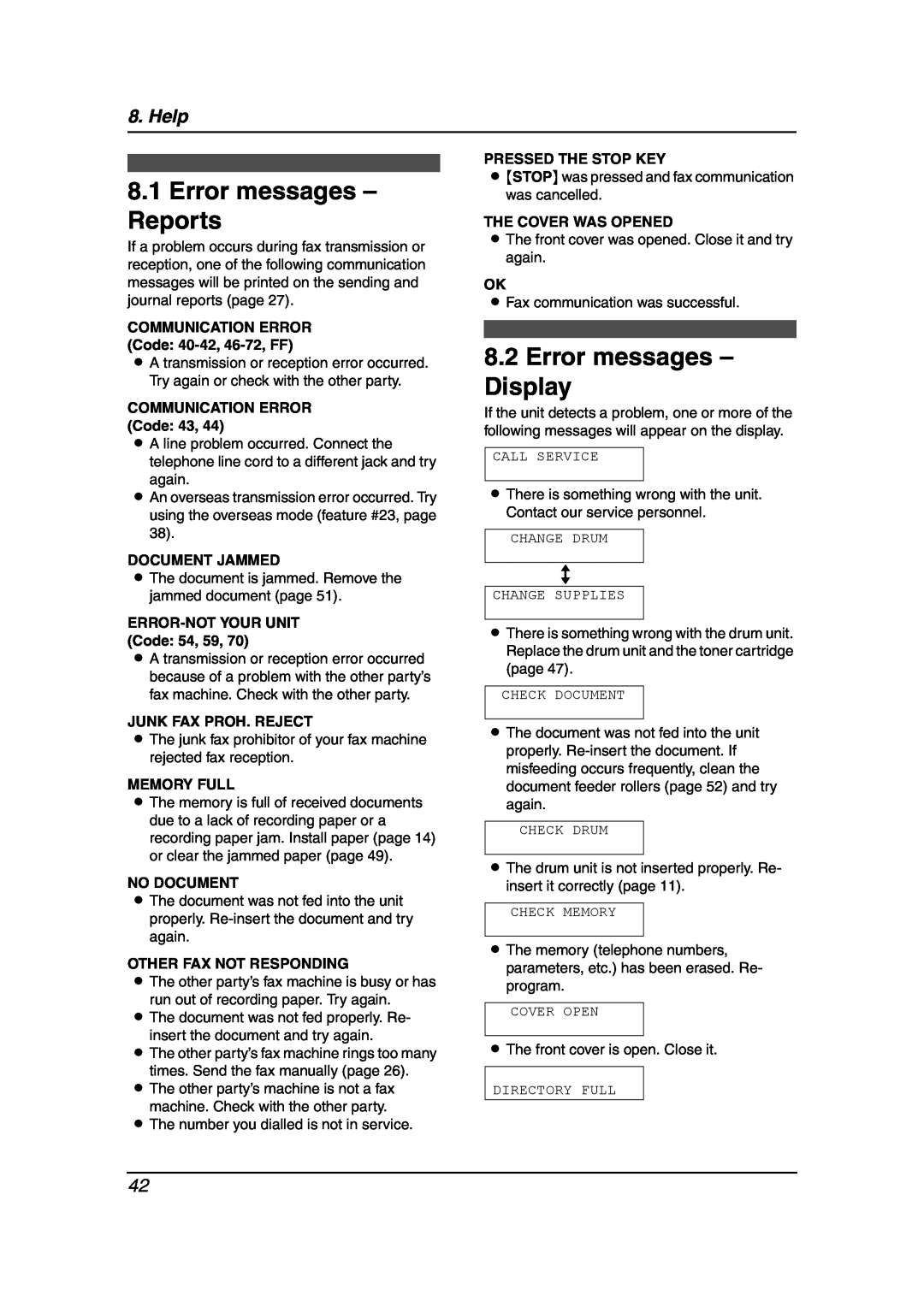 Panasonic KX-FL511AL manual Error messages - Reports, Error messages - Display, Help 