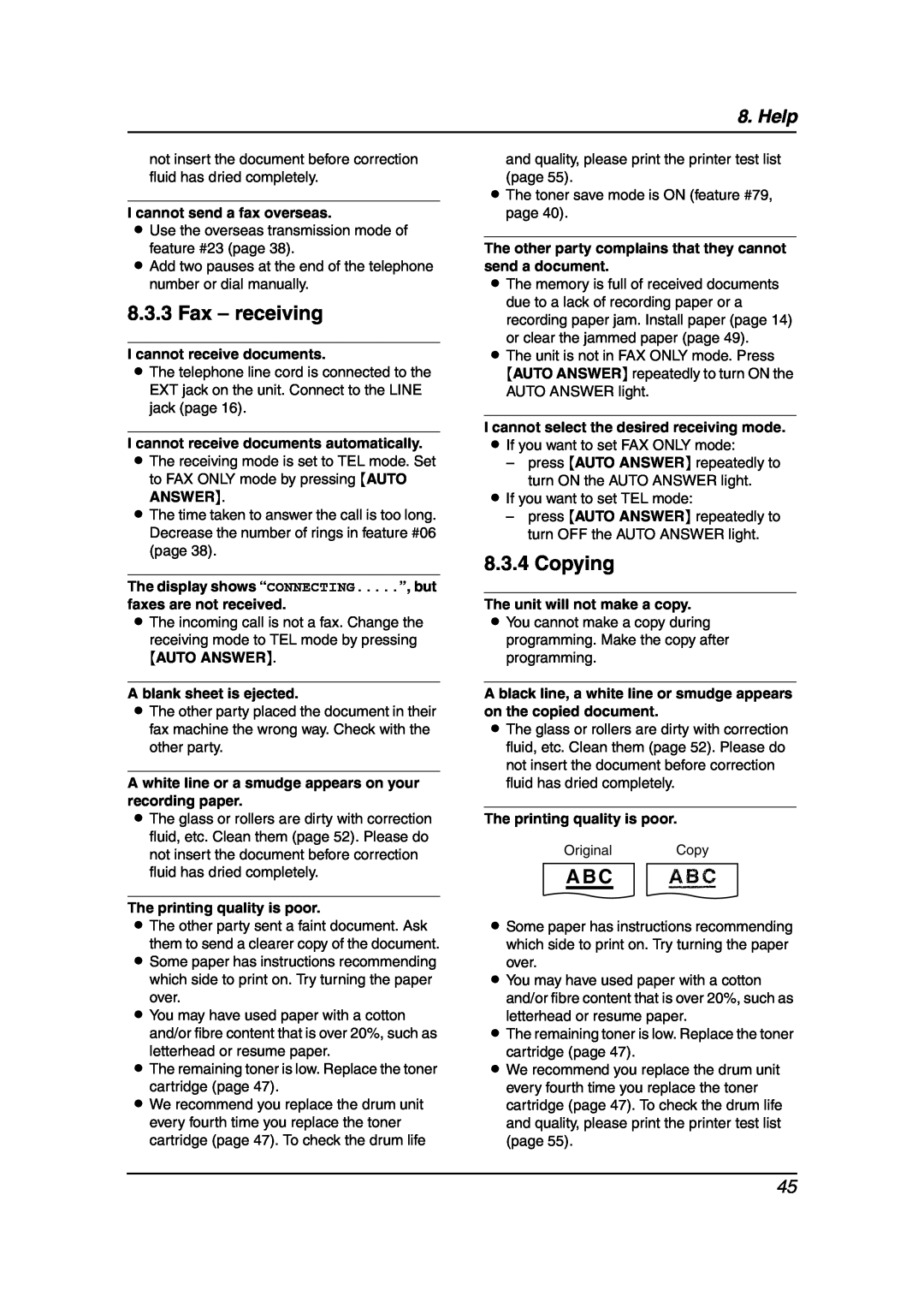 Panasonic KX-FL511AL manual Fax - receiving, Copying, A B C, Help 