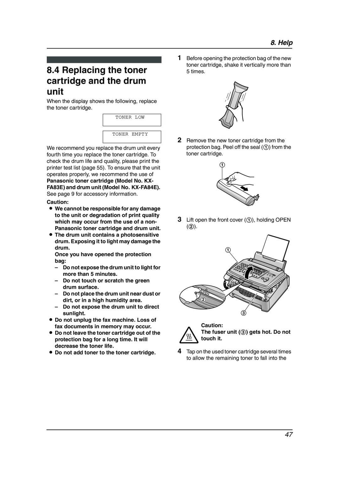 Panasonic KX-FL511AL manual Replacing the toner cartridge and the drum unit, Help, Toner Low Toner Empty 
