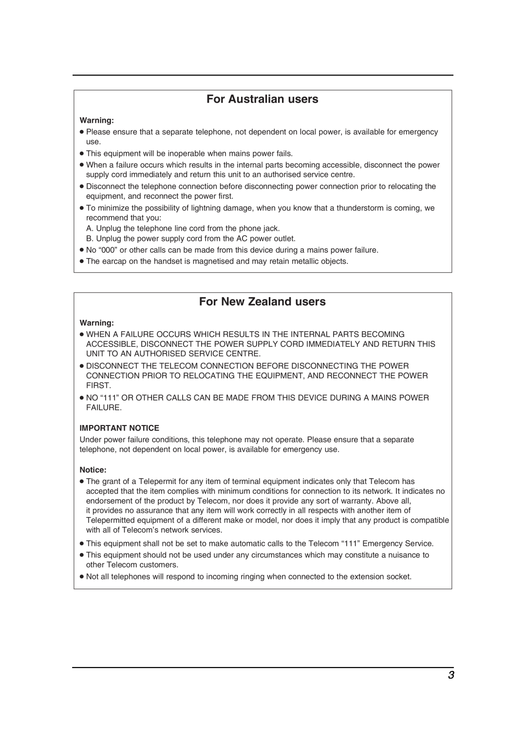 Panasonic KX-FL511AL manual For Australian users, For New Zealand users, Important Notice 