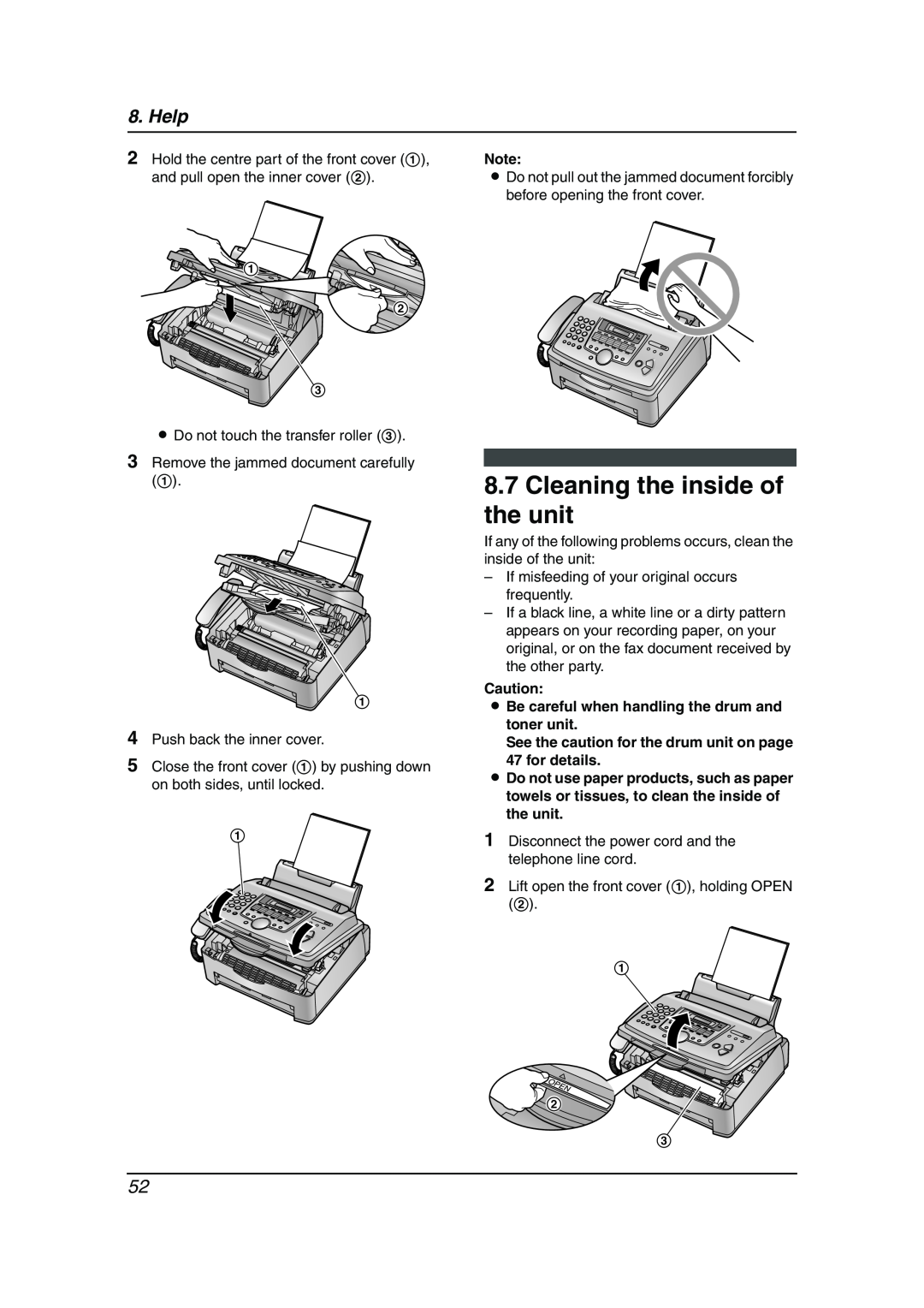 Panasonic KX-FL511AL manual Cleaning the inside of the unit, Help, L Be careful when handling the drum and toner unit 