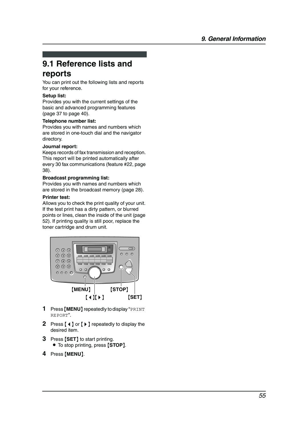 Panasonic KX-FL511AL manual Reference lists and reports, General Information 