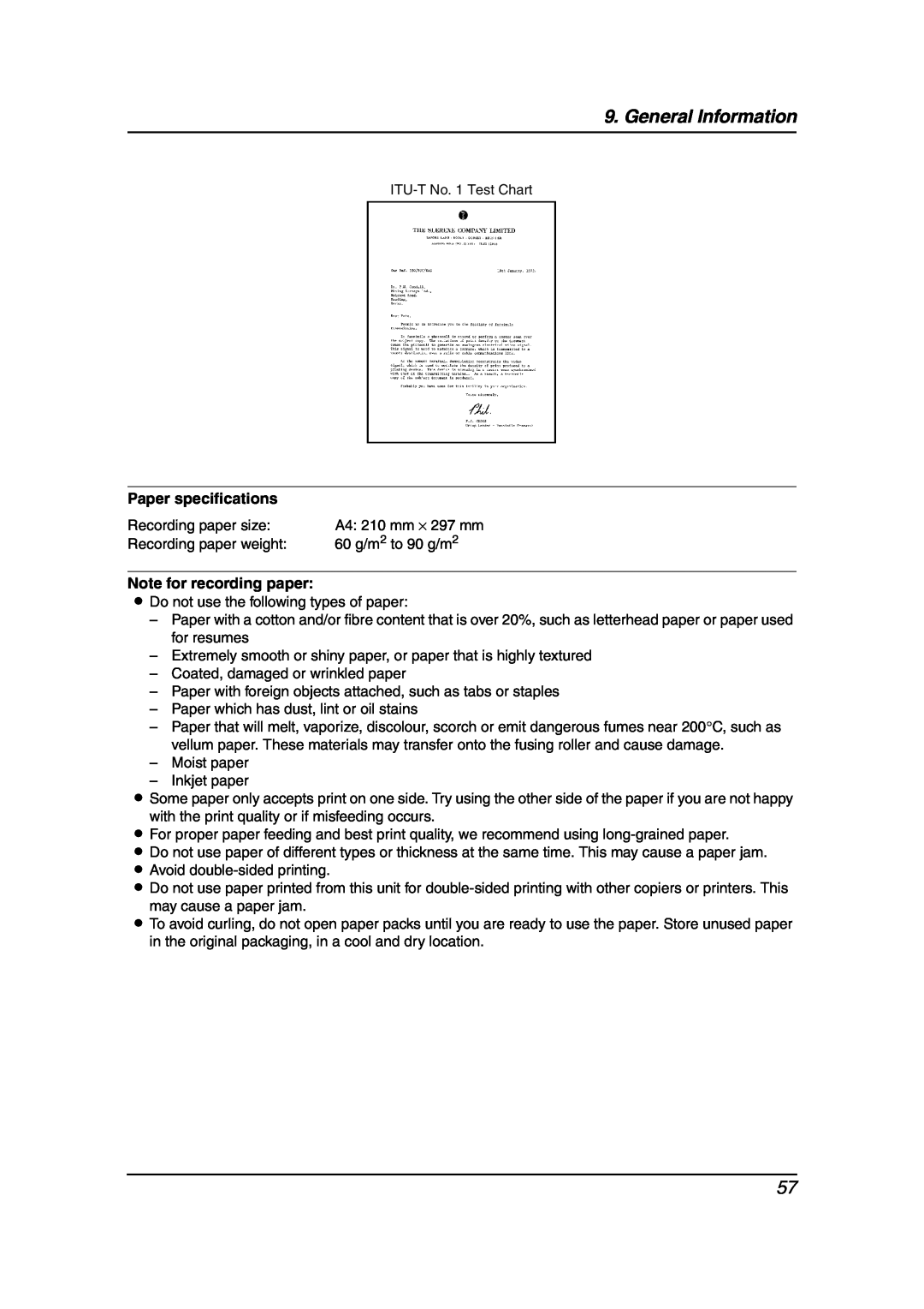 Panasonic KX-FL511AL manual General Information, Paper specifications, Note for recording paper 