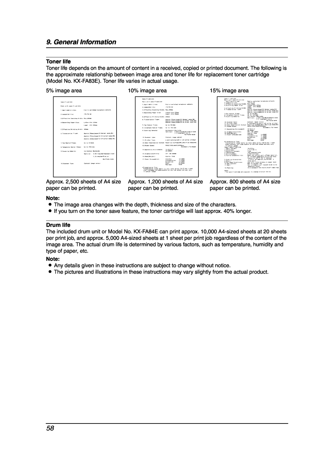 Panasonic KX-FL511AL manual General Information, Toner life, Drum life 