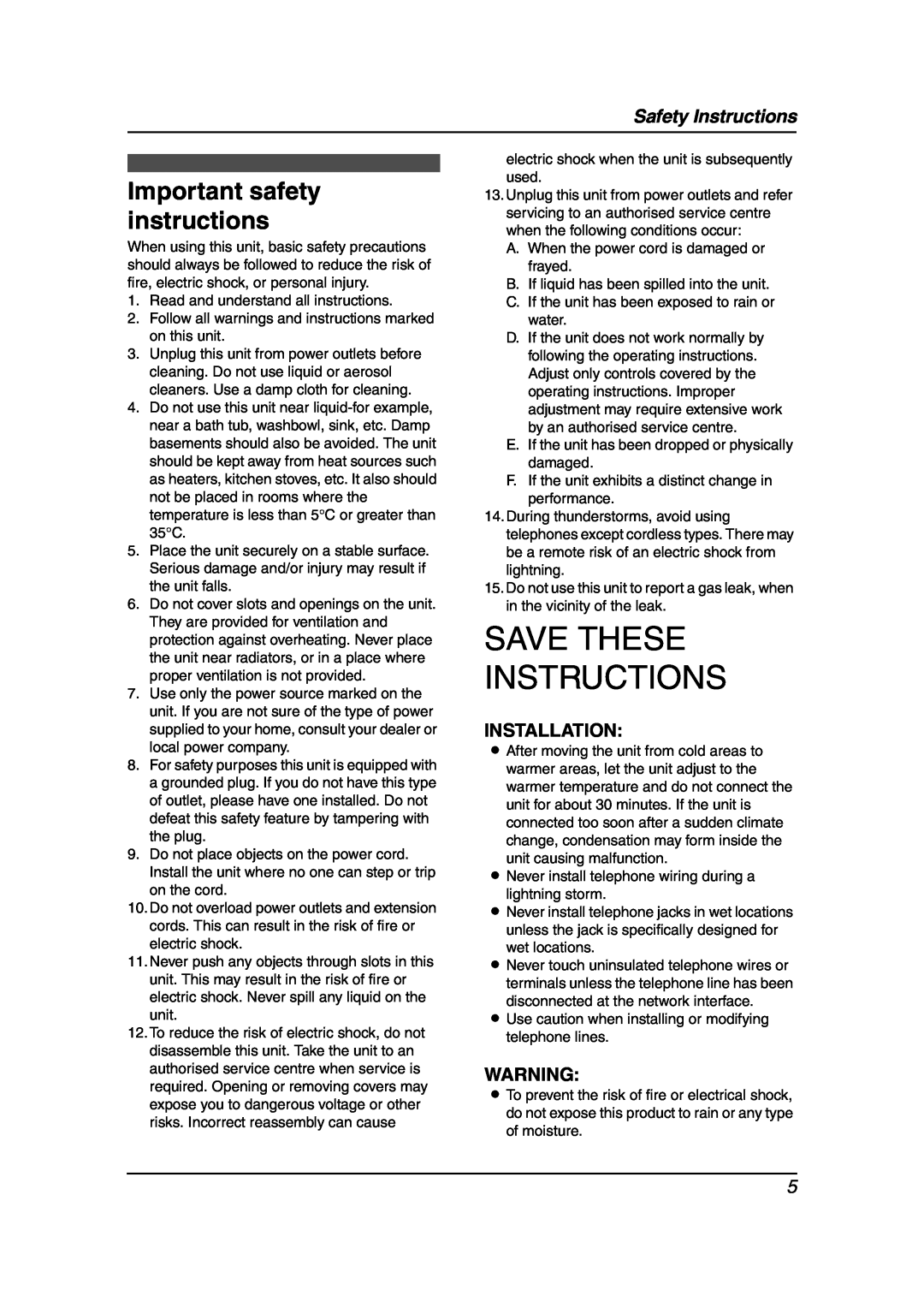 Panasonic KX-FL511AL manual Important safety instructions, Save These Instructions, Safety Instructions, Installation 