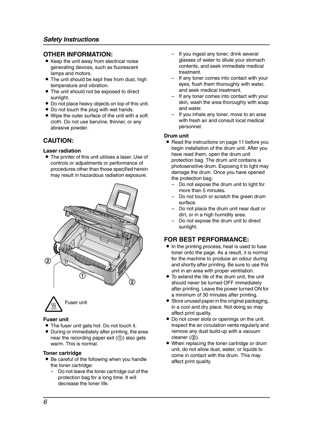 Panasonic KX-FL511AL Safety Instructions, Other Information, For Best Performance, Laser radiation, Fuser unit, Drum unit 