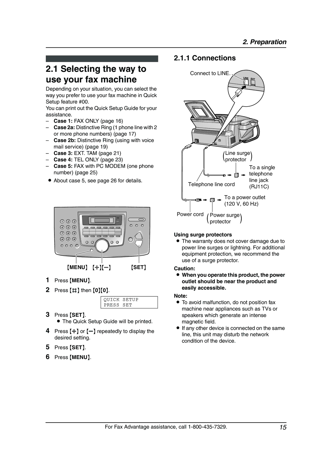 Panasonic KX-FL541 manual Selecting the way to use your fax machine, Connections, Set, Using surge protectors 