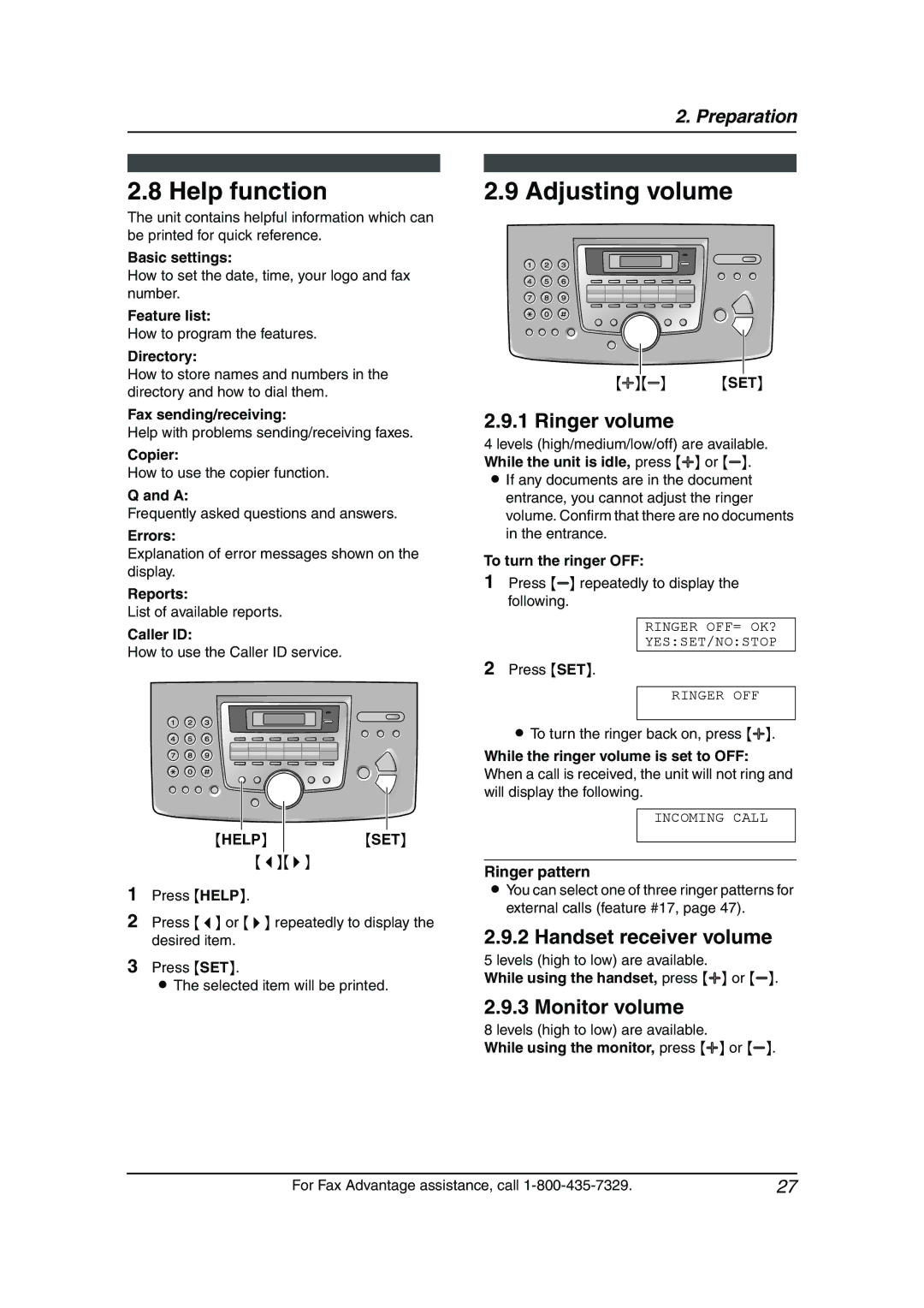 Panasonic KX-FL541 manual Help function, Adjusting volume, Ringer volume, Handset receiver volume, Monitor volume 