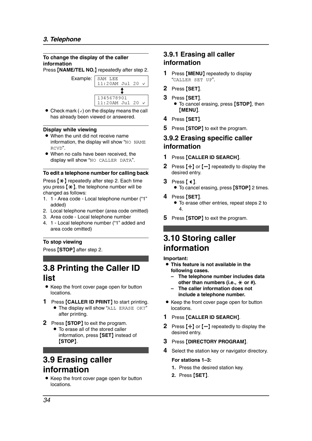 Panasonic KX-FL541 manual Printing the Caller ID List, Erasing caller information, Storing caller information 