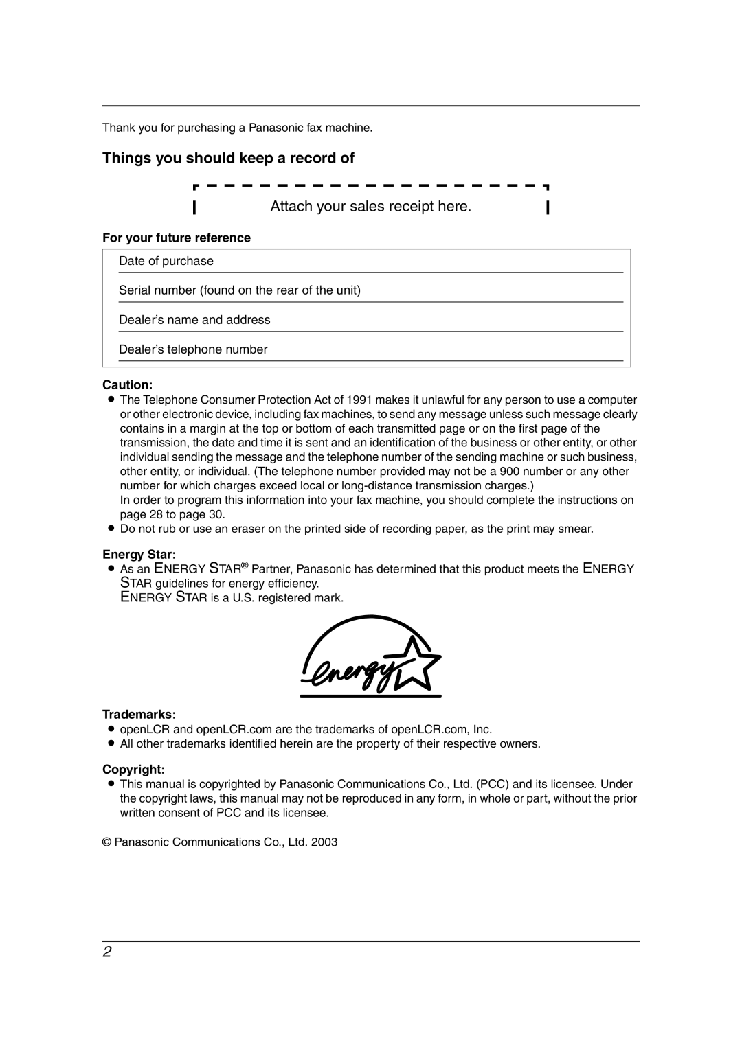 Panasonic KX-FL541 manual For your future reference, Energy Star, Trademarks, Copyright 