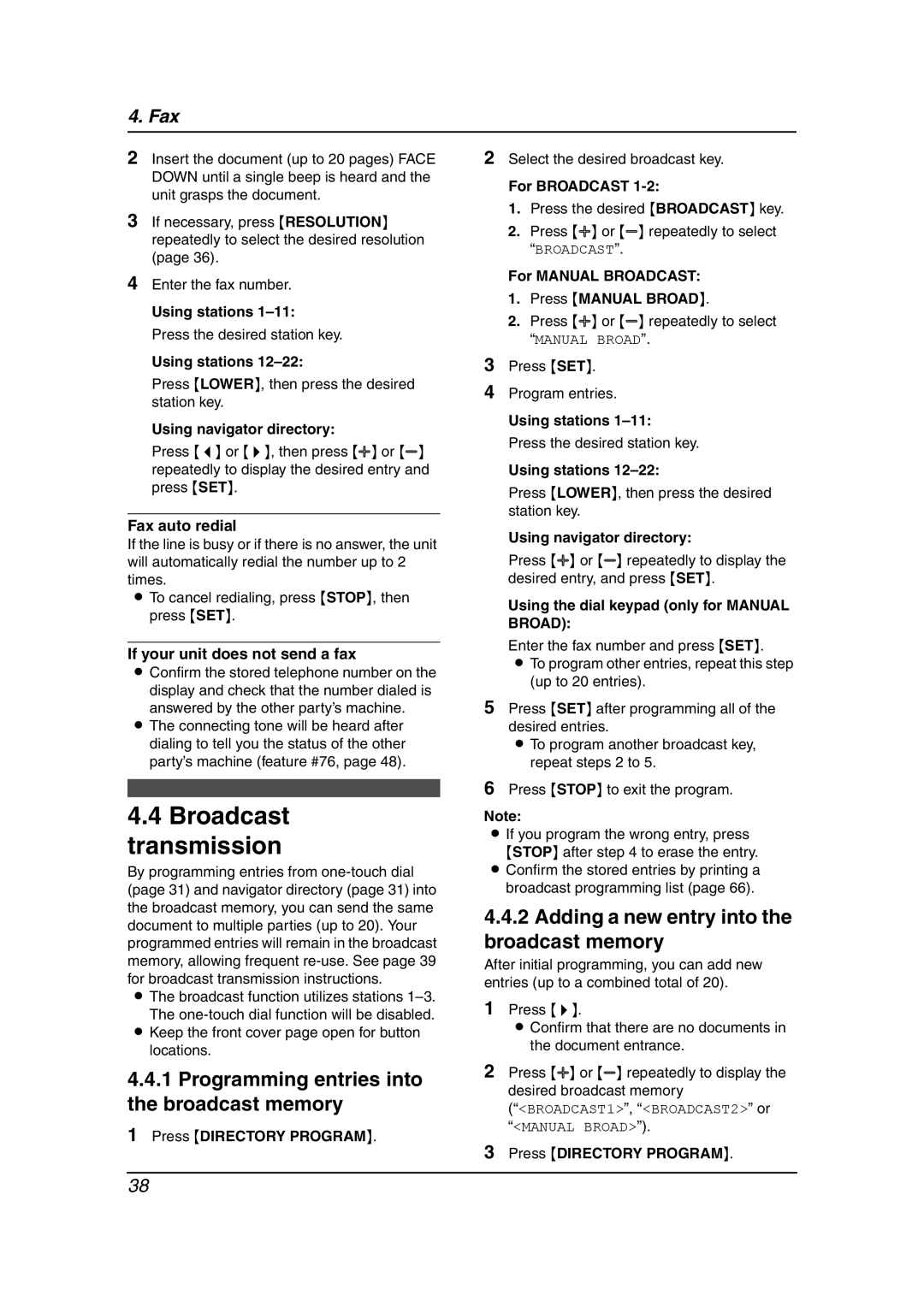 Panasonic KX-FL541 manual Broadcast transmission, Programming entries into the broadcast memory 