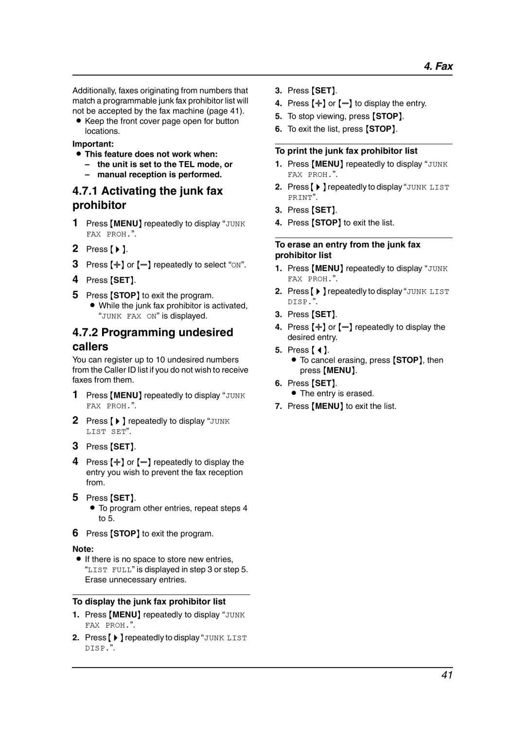 Panasonic KX-FL541 manual Activating the junk fax prohibitor, Programming undesired callers 