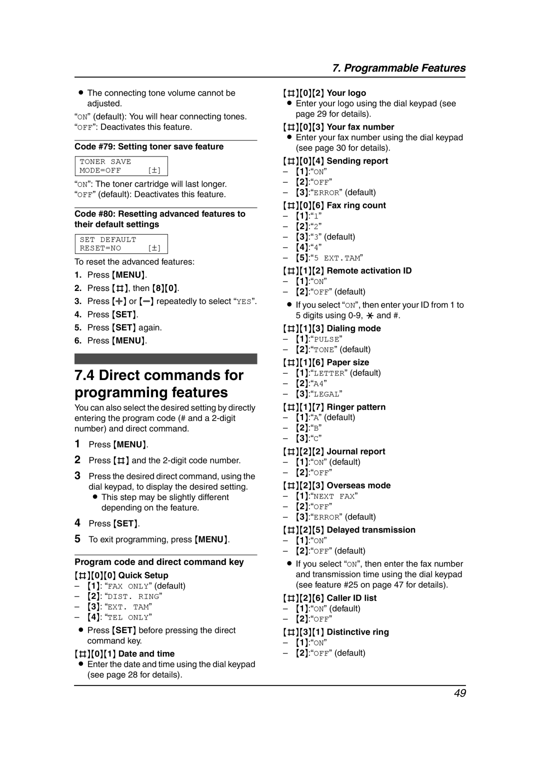 Panasonic KX-FL541 manual Direct commands for programming features 