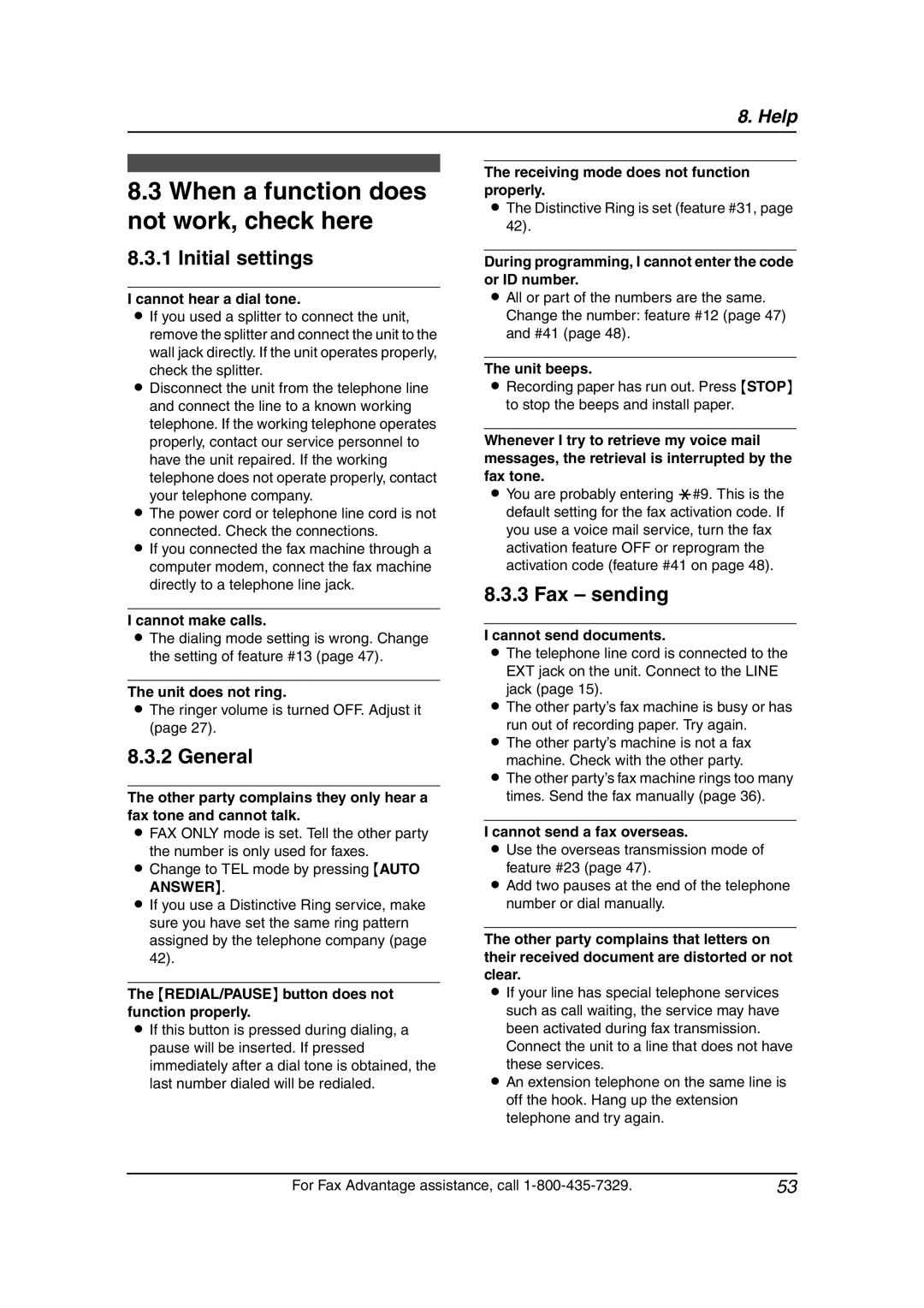 Panasonic KX-FL541 manual When a function does not work, check here, Initial settings, General, Fax sending 