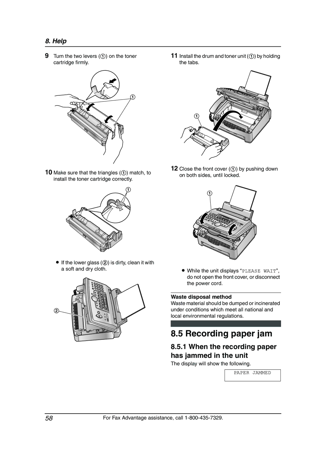 Panasonic KX-FL541 manual Recording paper jam, When the recording paper has jammed in the unit, Waste disposal method 