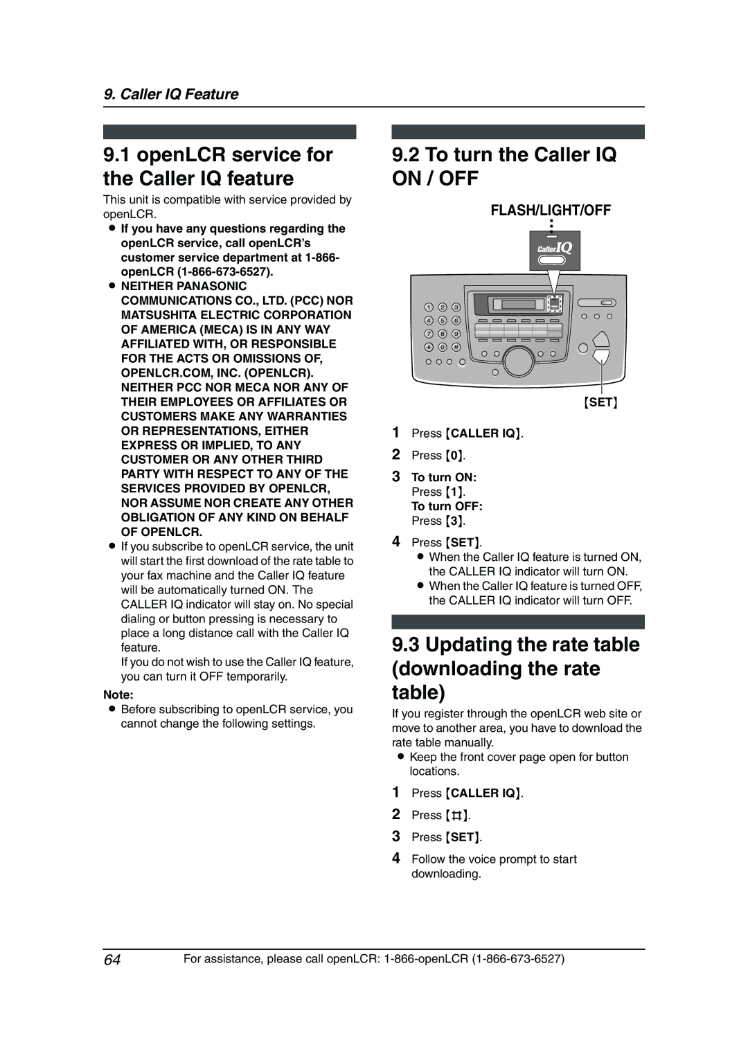 Panasonic KX-FL541 manual OpenLCR service for the Caller IQ feature, To turn the Caller IQ on / OFF, Openlcr 