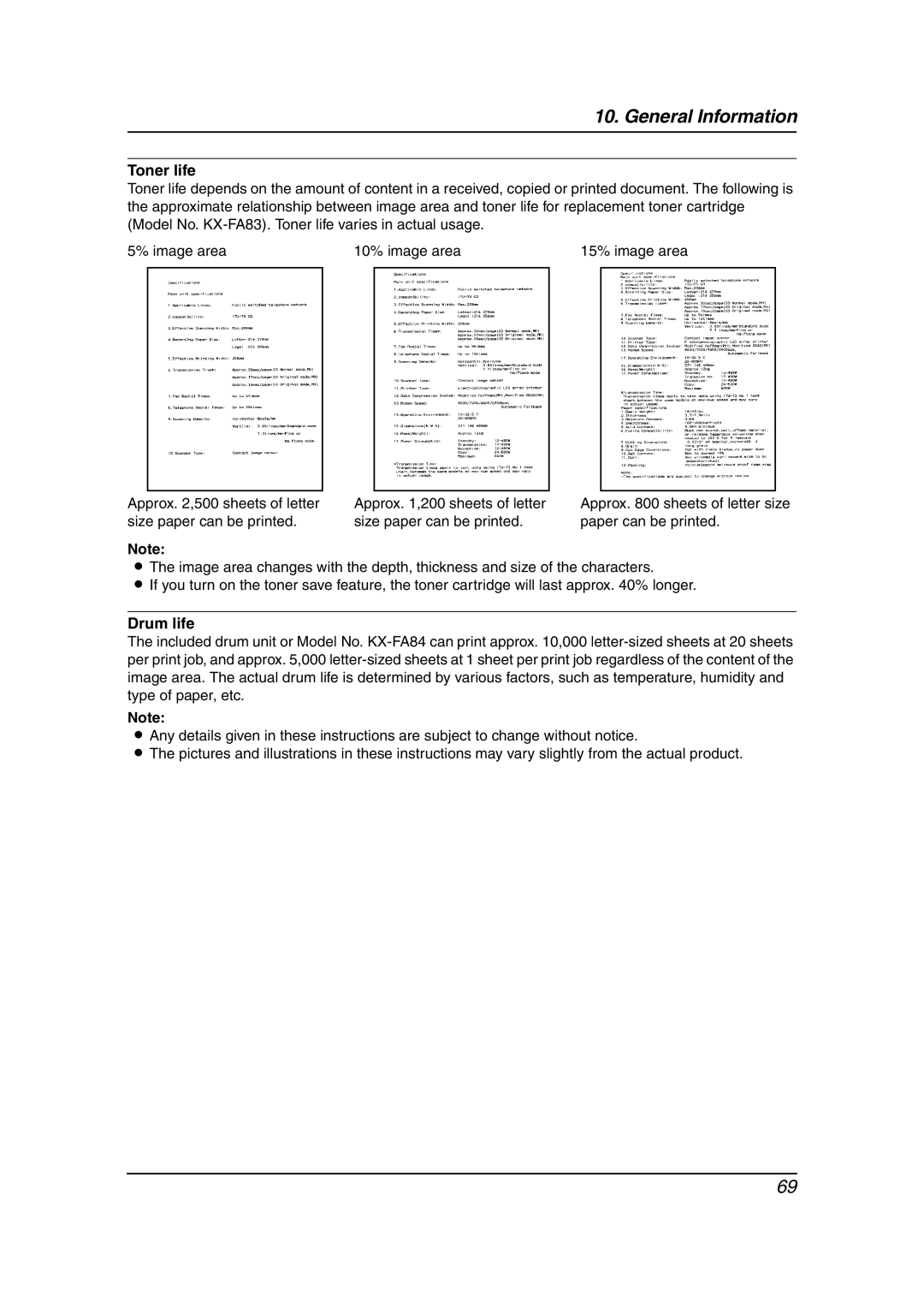 Panasonic KX-FL541 manual Toner life, Drum life 