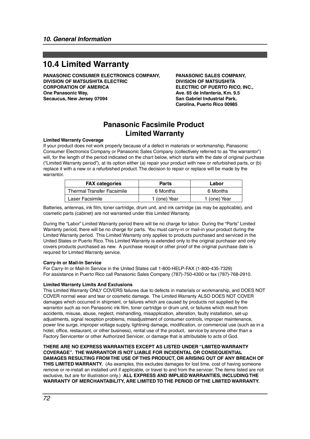 Panasonic KX-FL541 manual Limited Warranty, FAX categories Parts Labor 