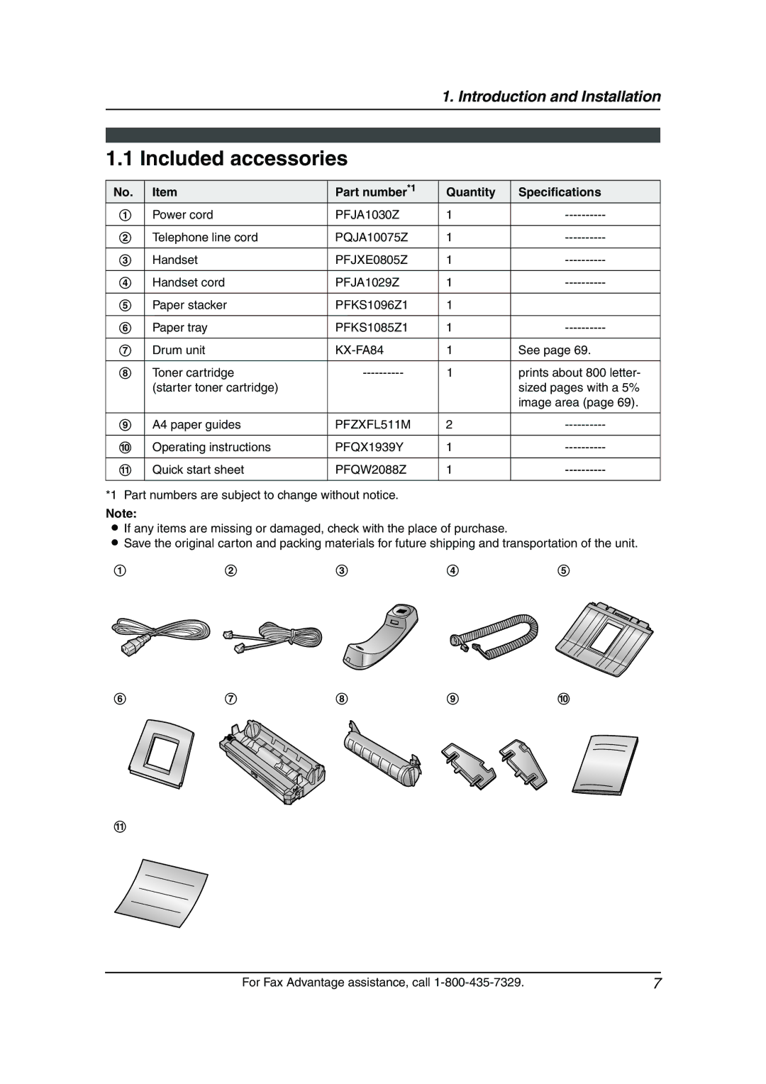 Panasonic KX-FL541 manual Included accessories, Part number*1 Quantity Specifications 