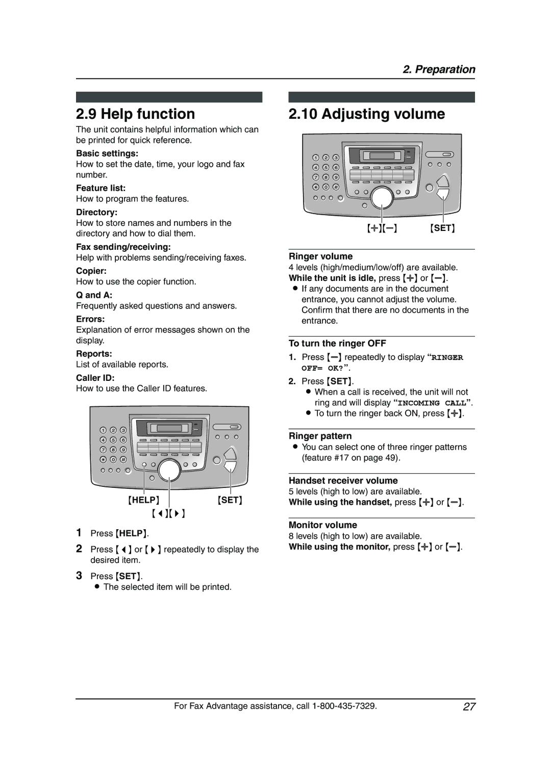 Panasonic KX-FL611 manual Help function, Adjusting volume 